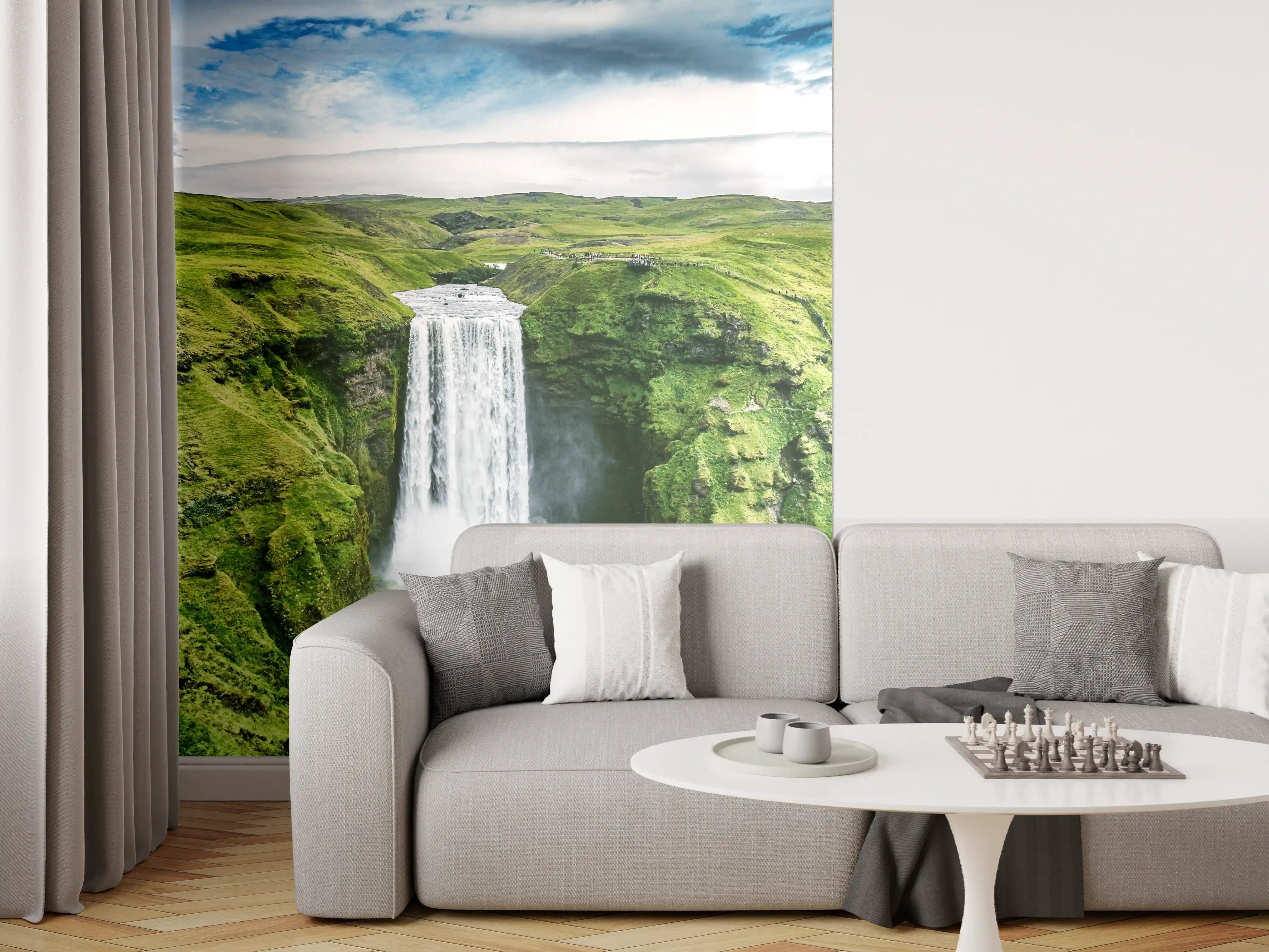 Wandverkleidung Wohnzimmer - Naturwasserfall in grüner Landschaft