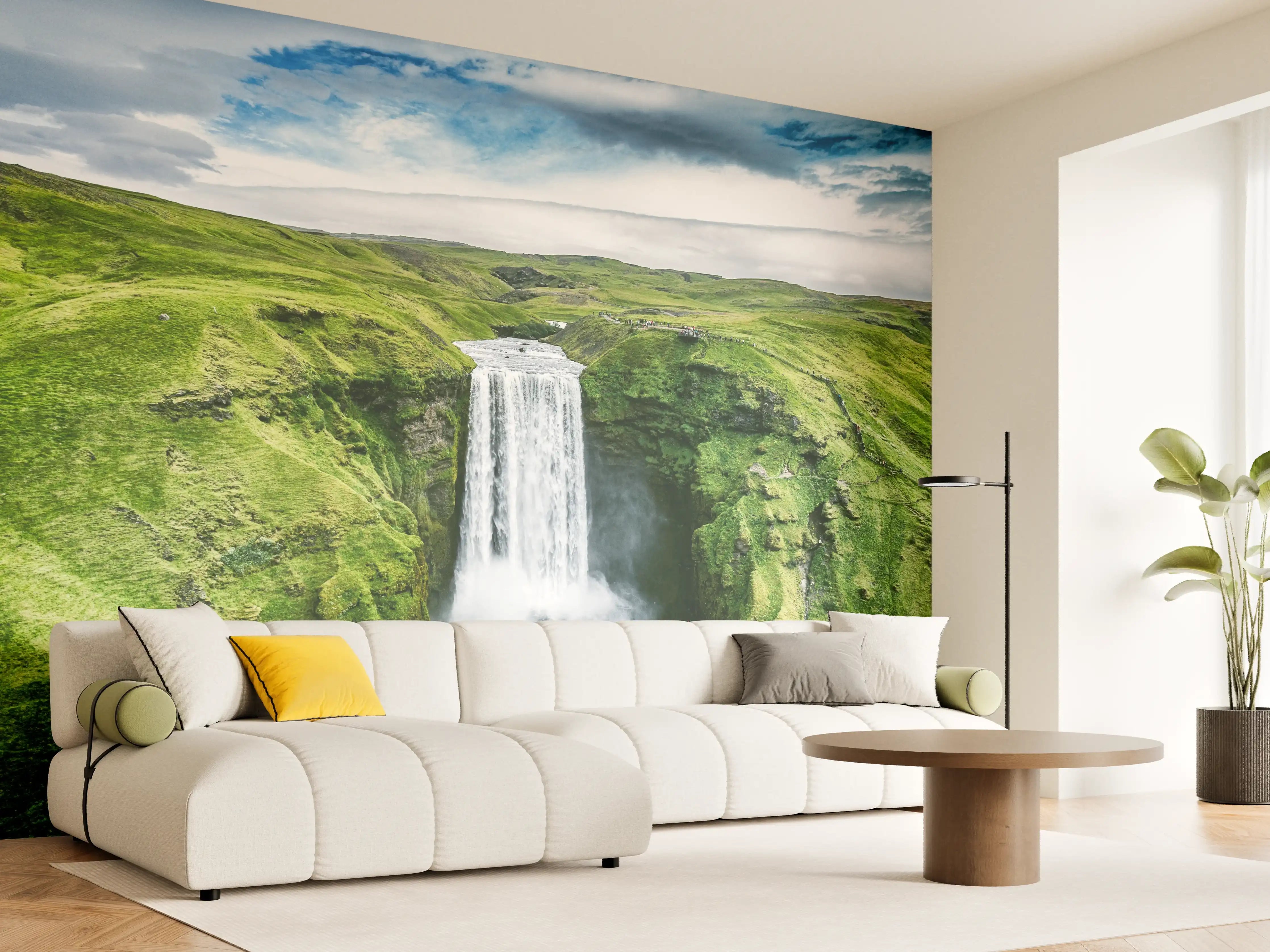 Wandverkleidung Wohnzimmer - Naturwasserfall in grüner Landschaft