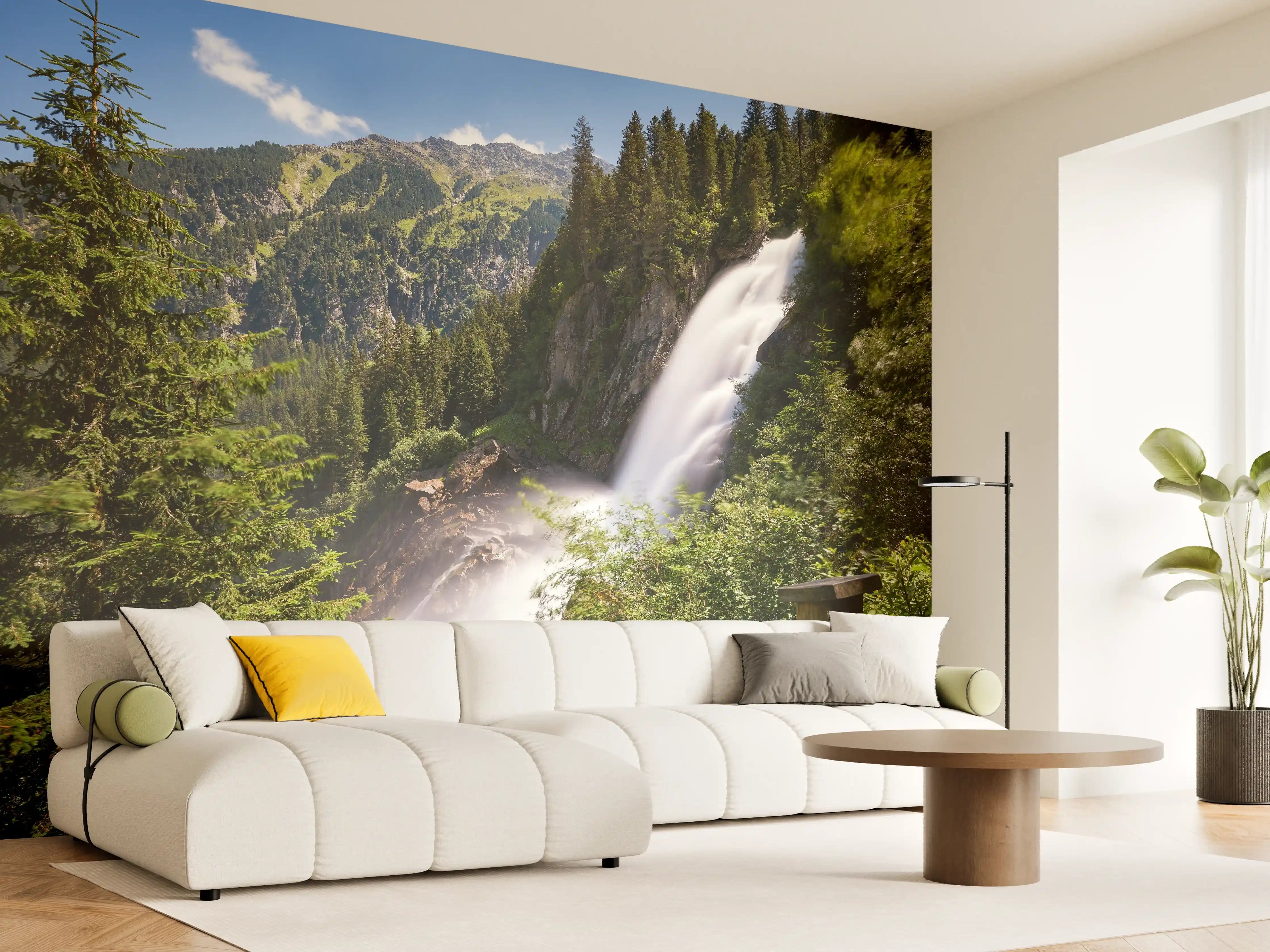 Wandverkleidung Wohnzimmer - Naturwasserfall inmitten der Berge