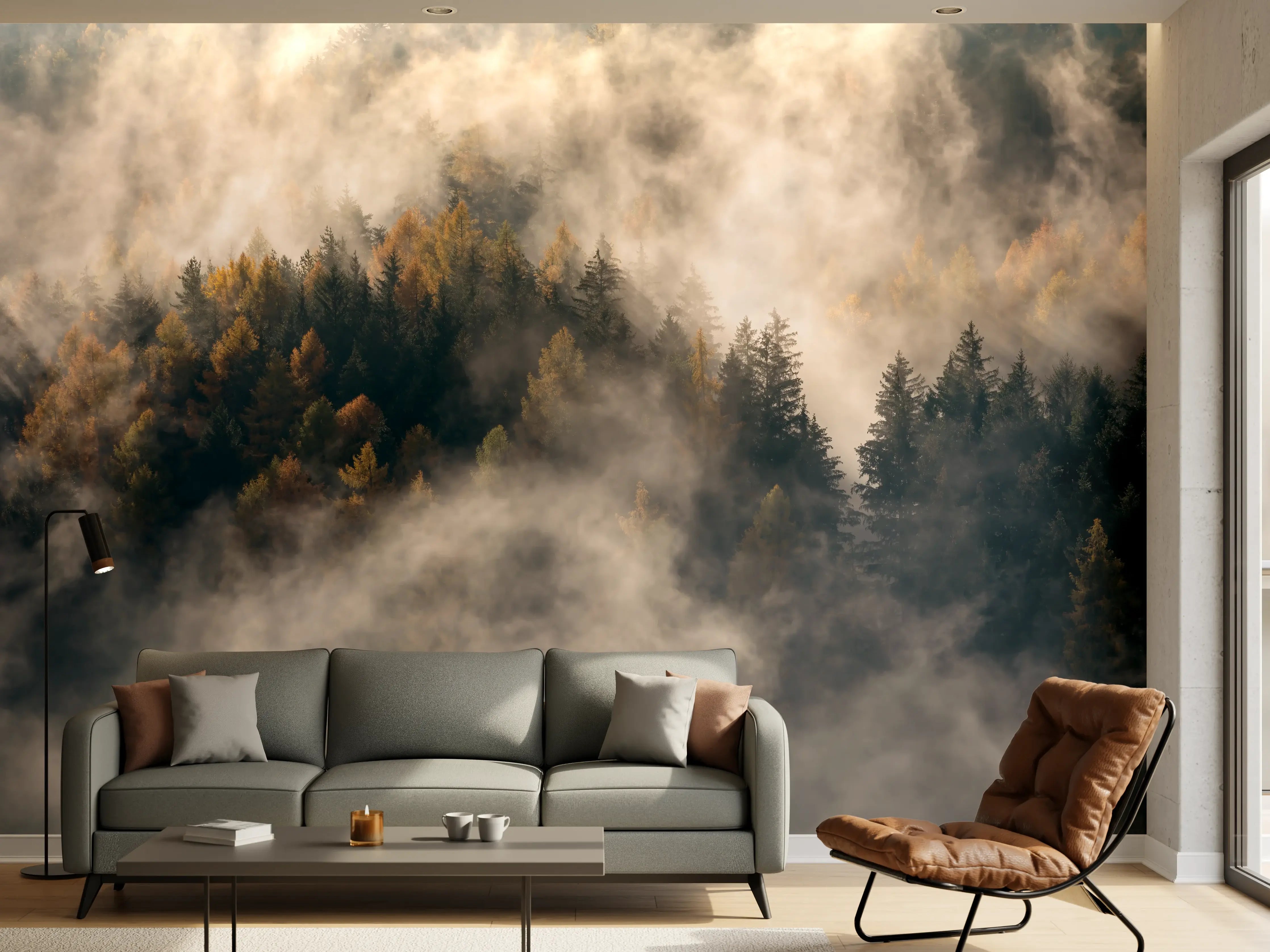 Wandverkleidung Wohnzimmer - Nebel im Wald