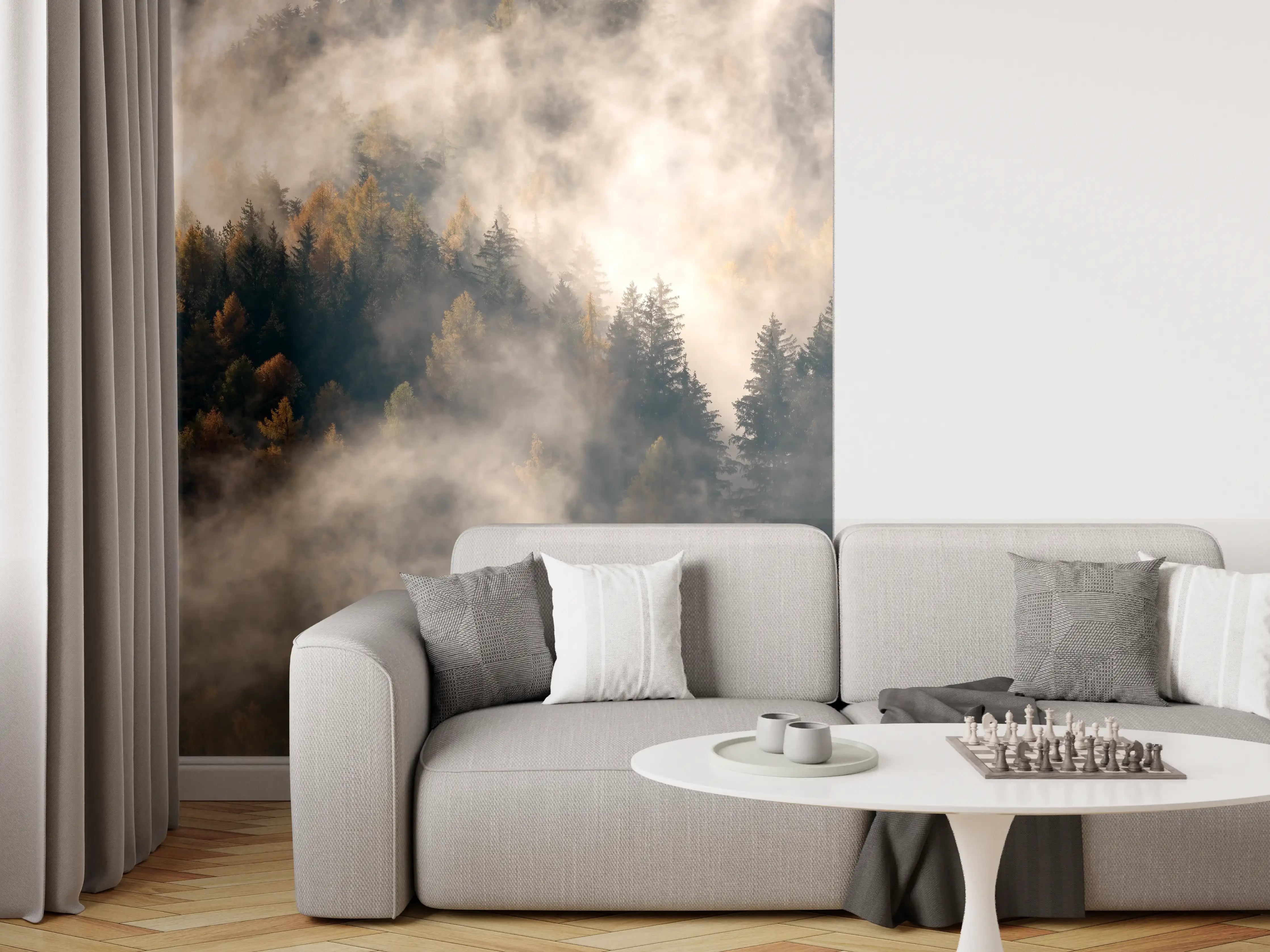Wandverkleidung Wohnzimmer - Nebel im Wald
