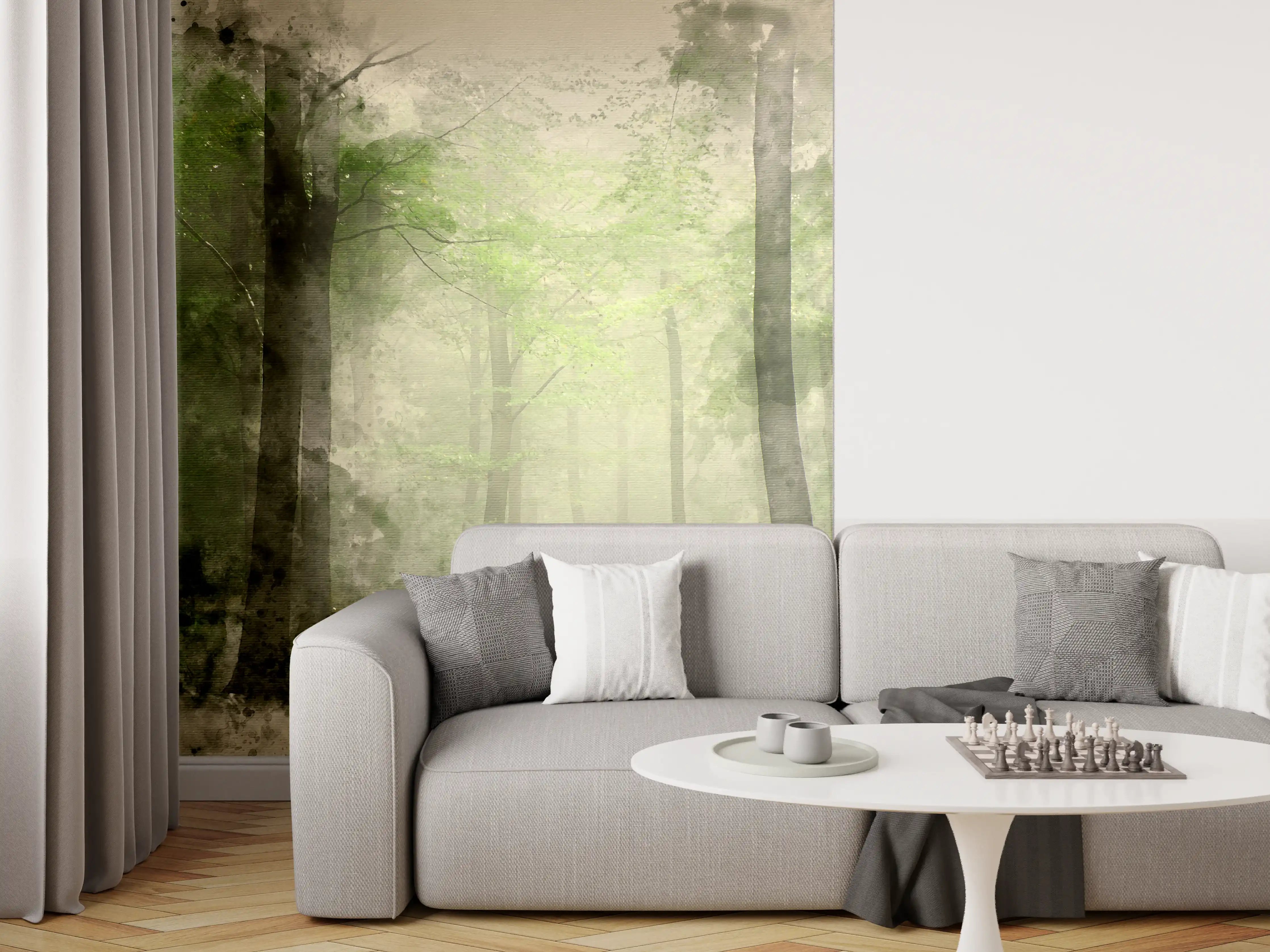 Wandverkleidung Wohnzimmer - Nebelgrauer Wald der Schatten