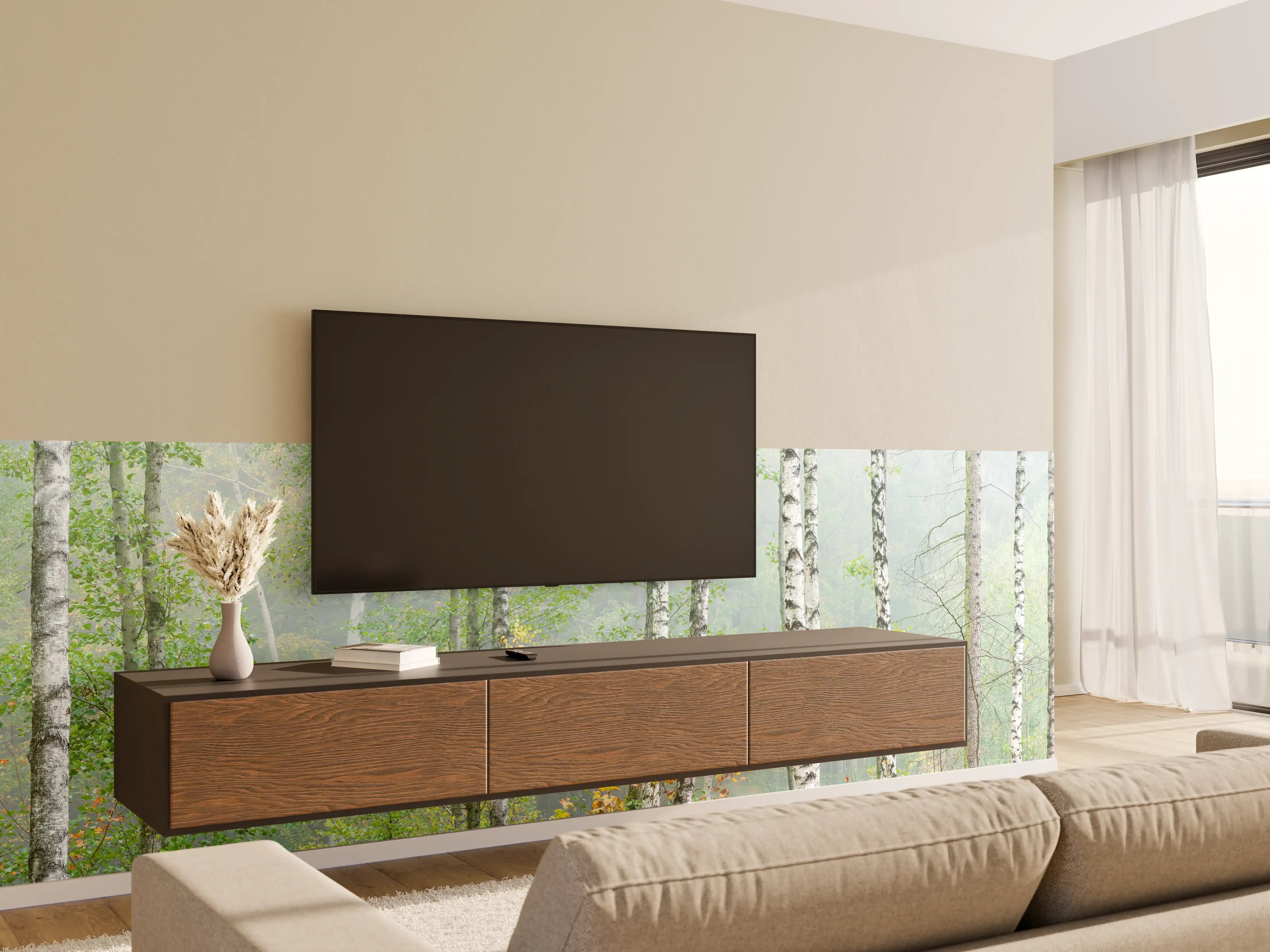 Wandverkleidung Wohnzimmer - Nebeliger Birkenwald
