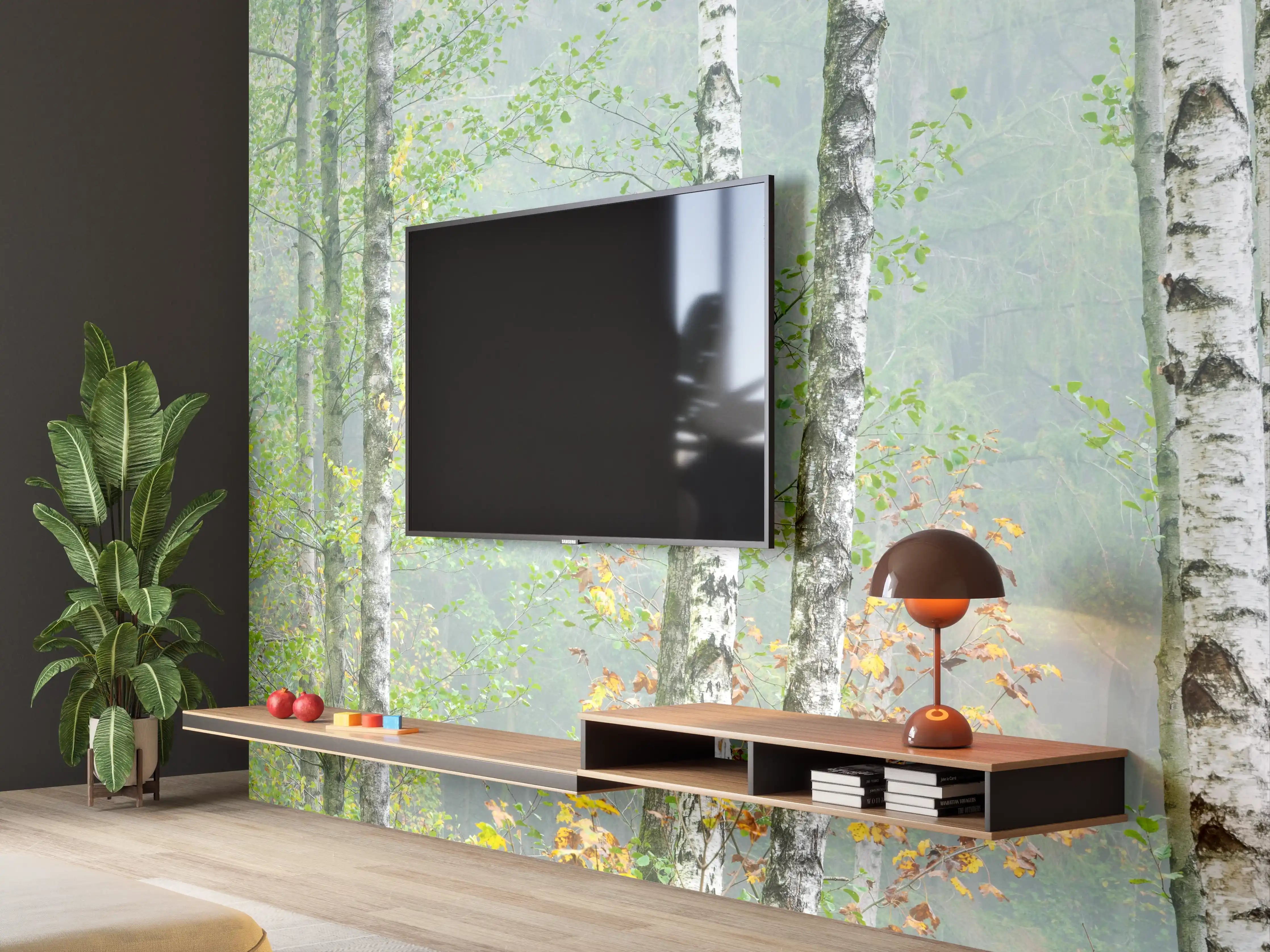 Wandverkleidung Wohnzimmer - Nebeliger Birkenwald