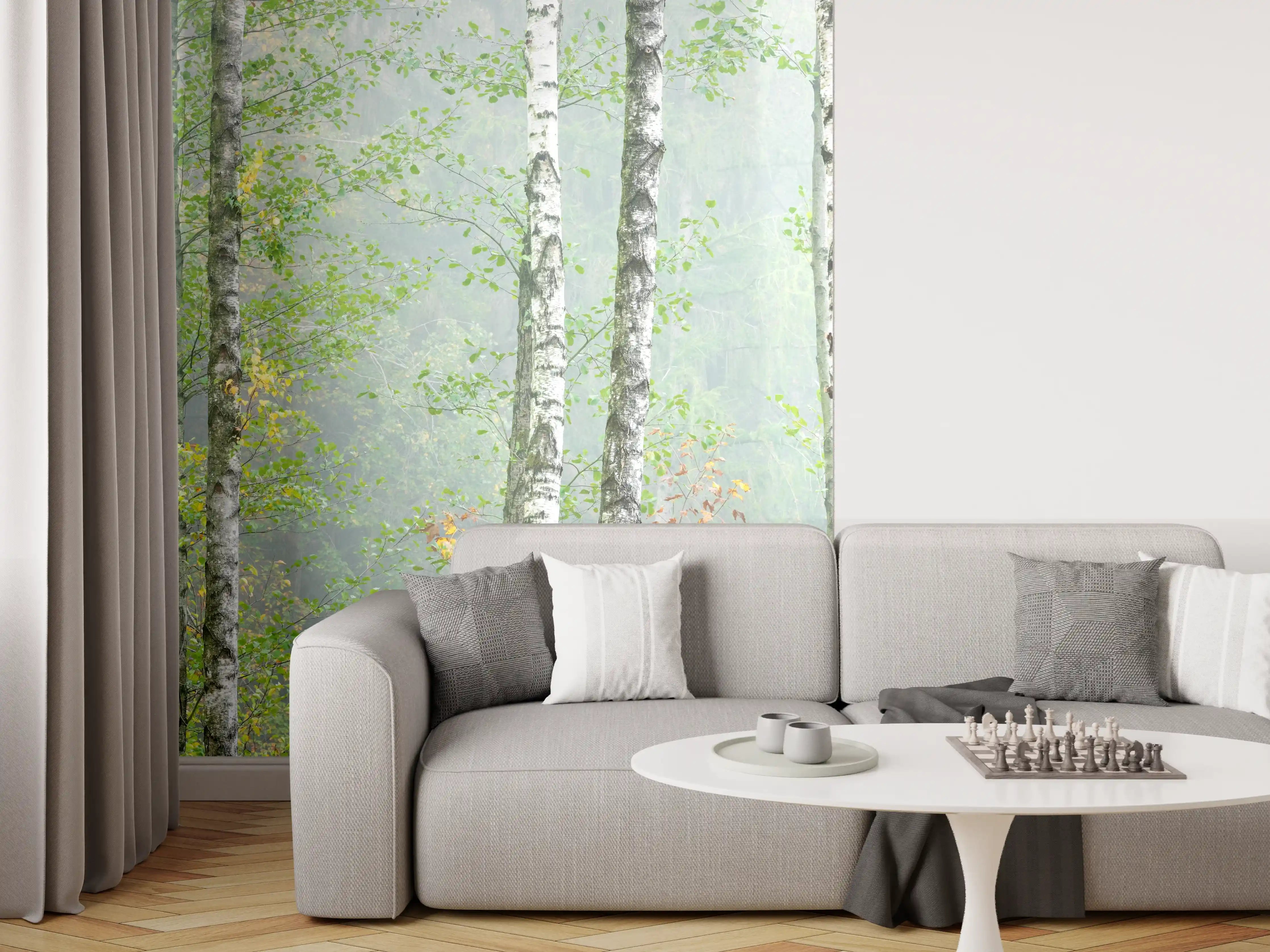 Wandverkleidung Wohnzimmer - Nebeliger Birkenwald