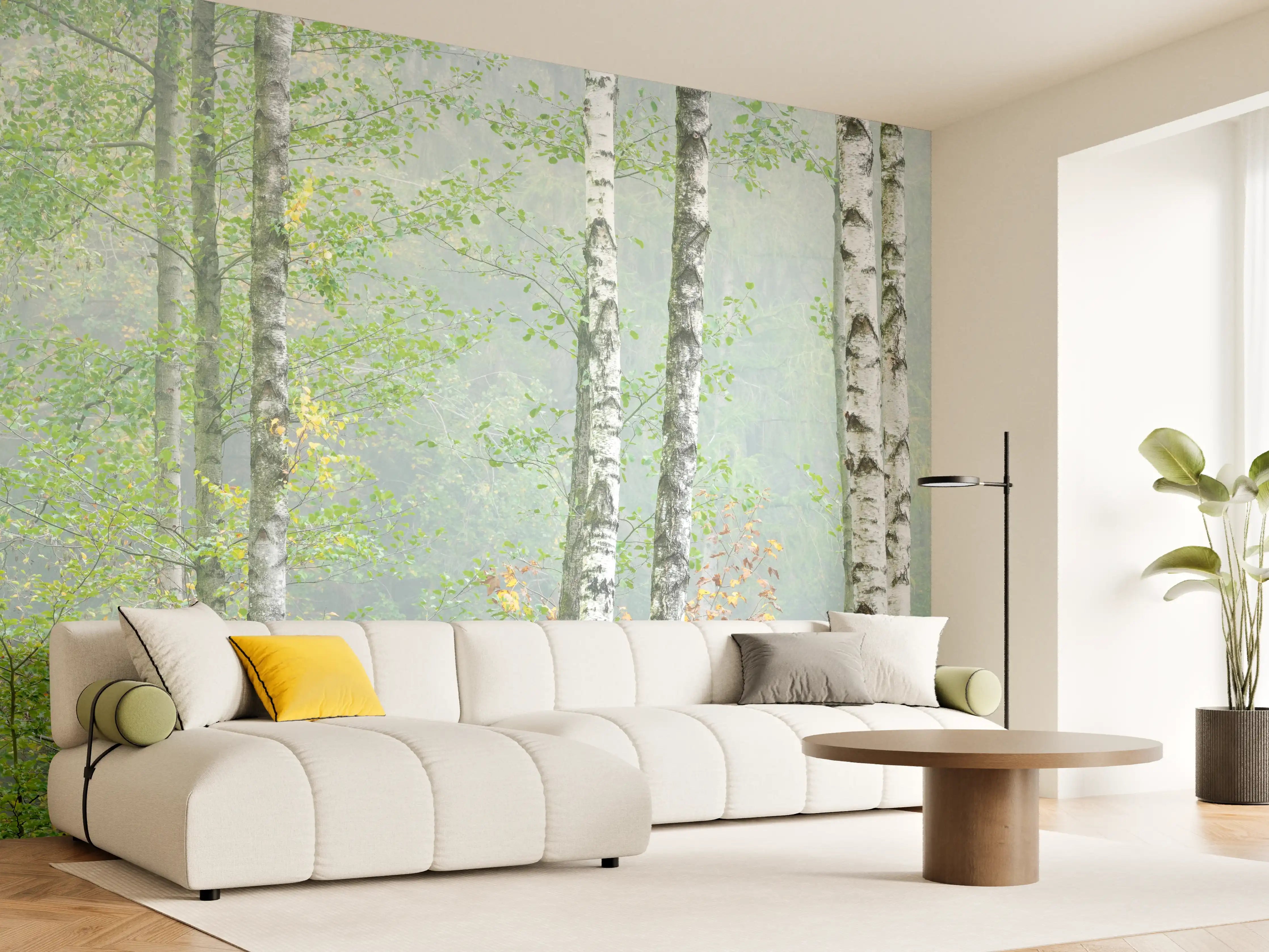 Wandverkleidung Wohnzimmer - Nebeliger Birkenwald