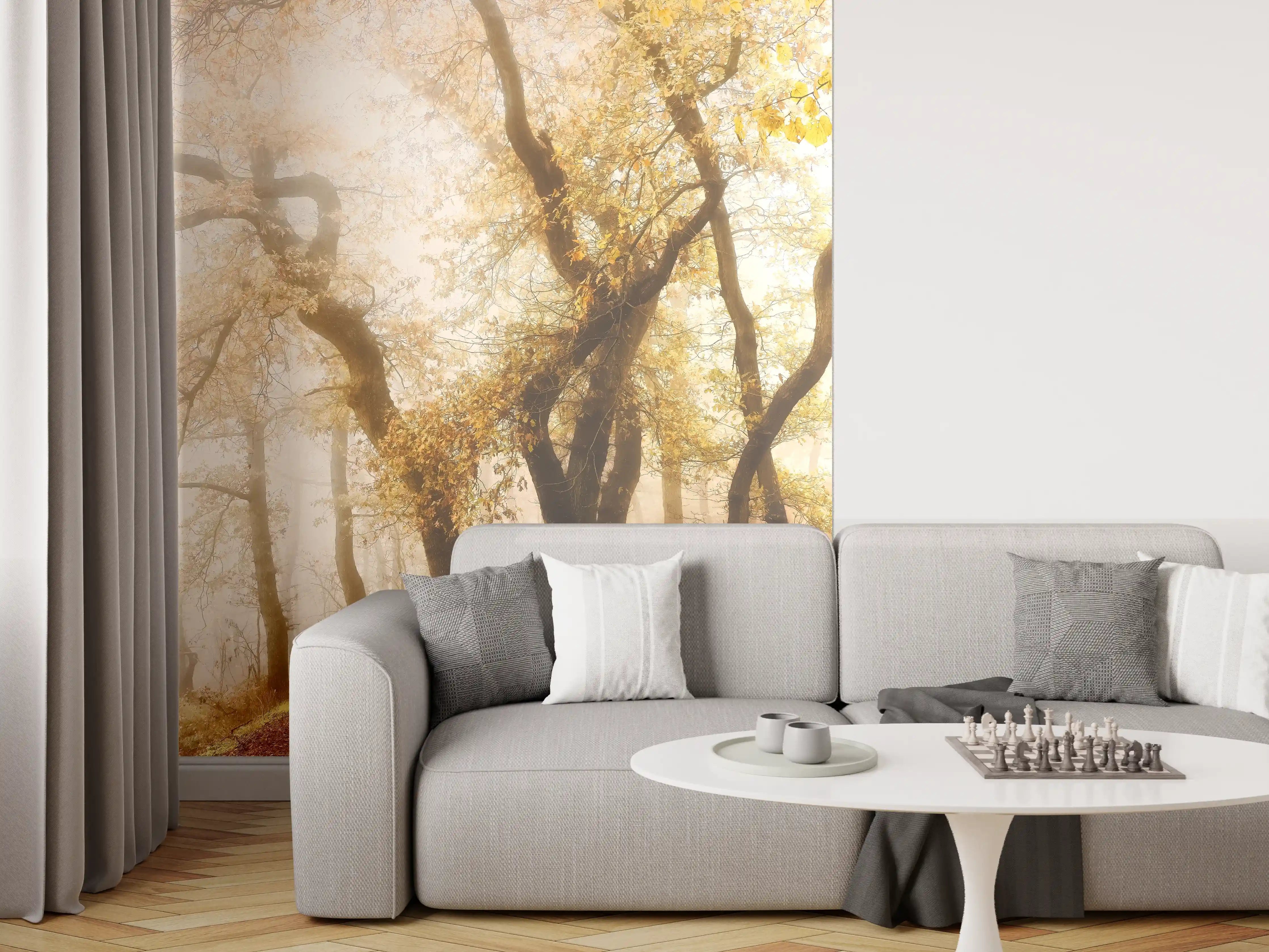 Wandverkleidung Wohnzimmer - Nebeliger Wald im Herbst