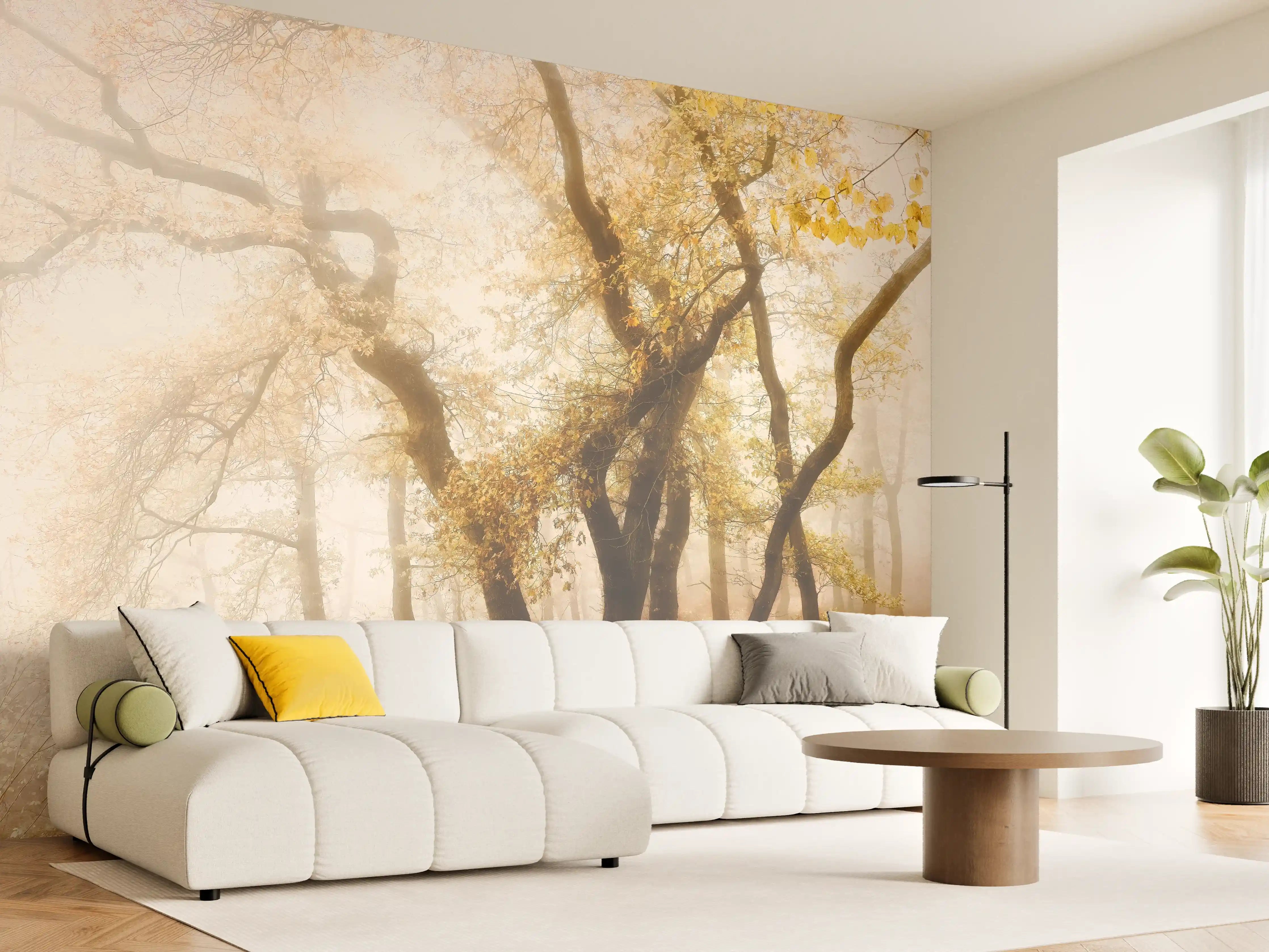 Wandverkleidung Wohnzimmer - Nebeliger Wald im Herbst