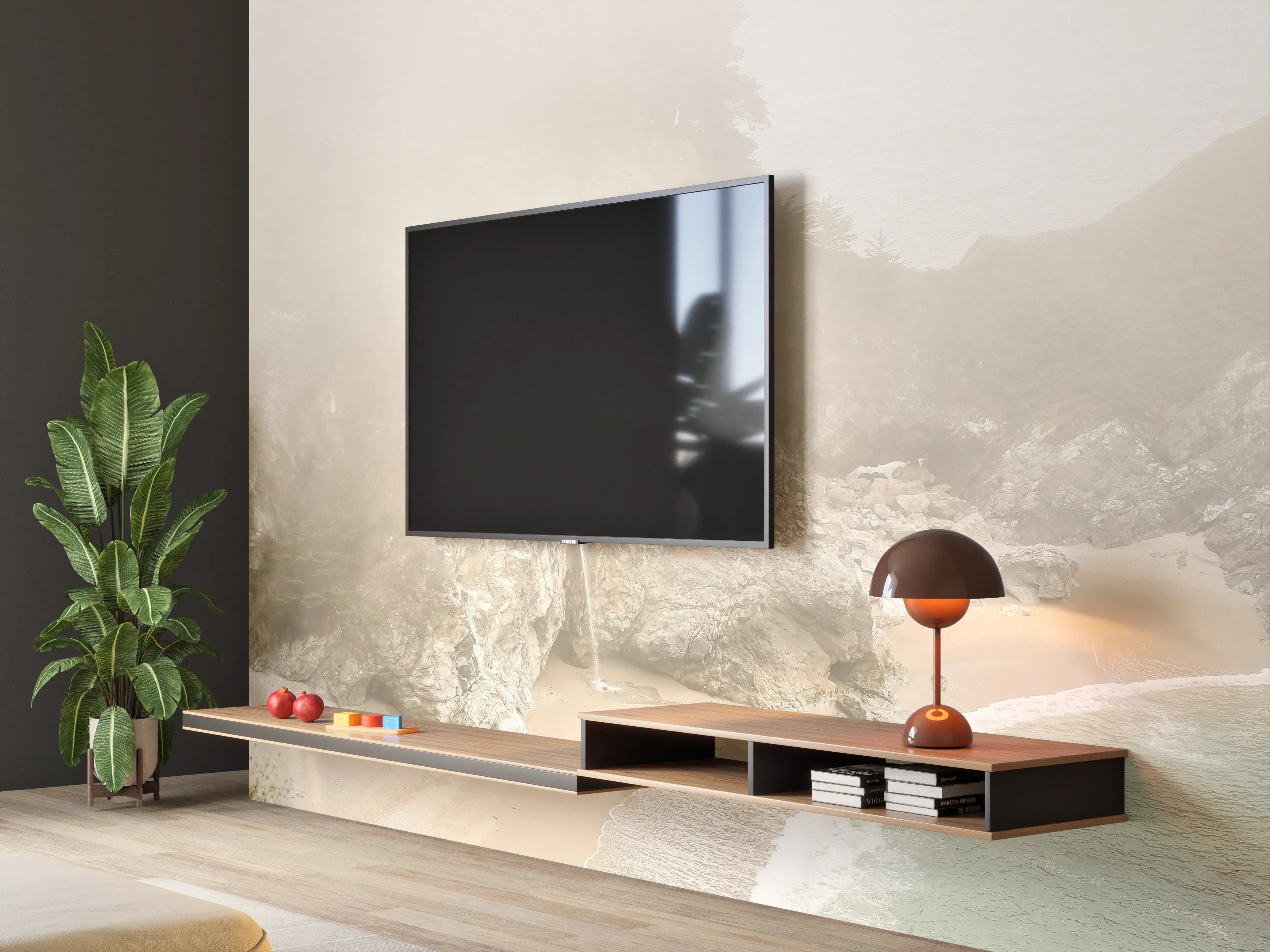 Wandverkleidung Wohnzimmer - Nebelverhangene Küste in sanften Farben