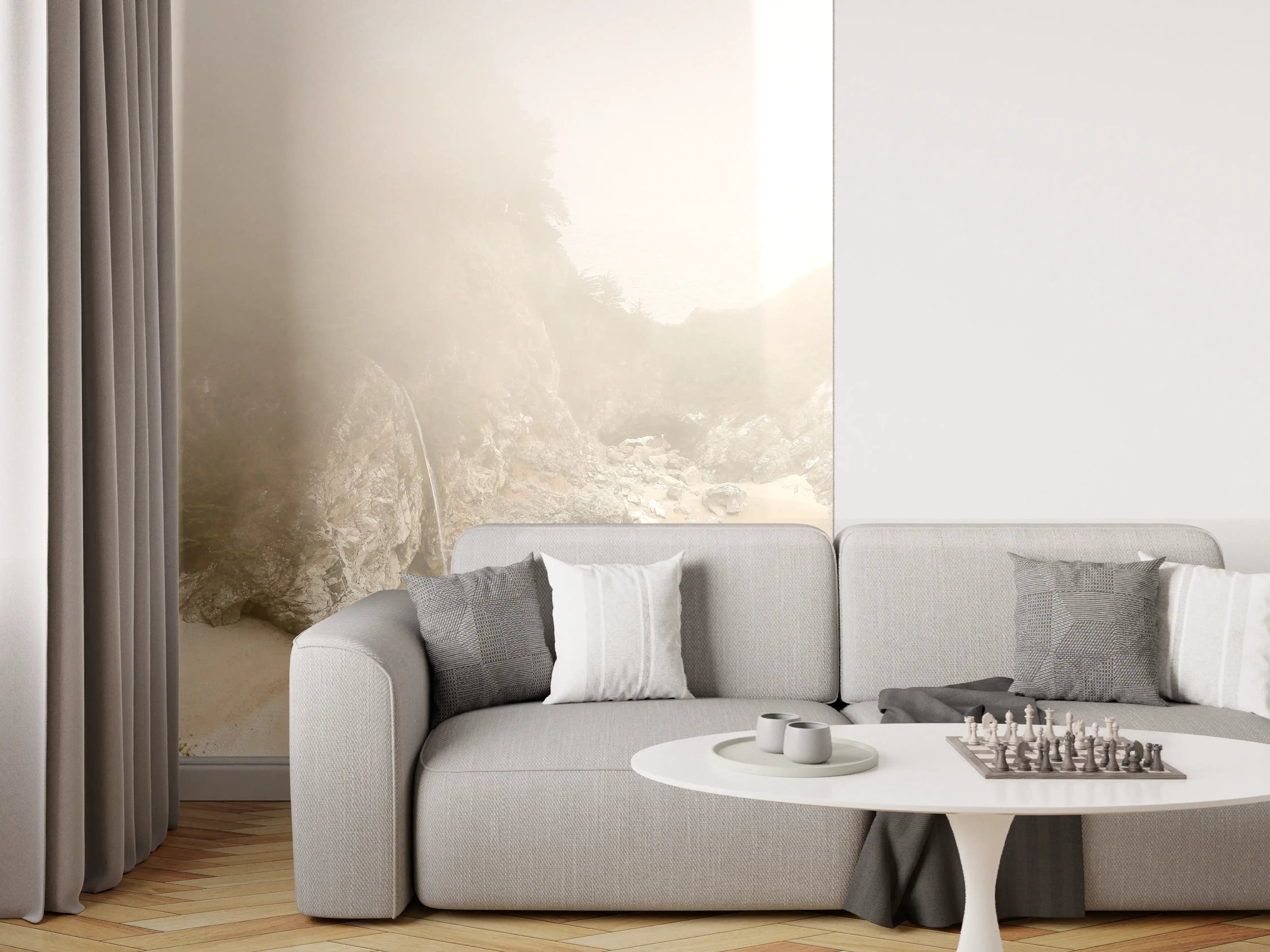 Wandverkleidung Wohnzimmer - Nebelverhangene Küste in sanften Farben