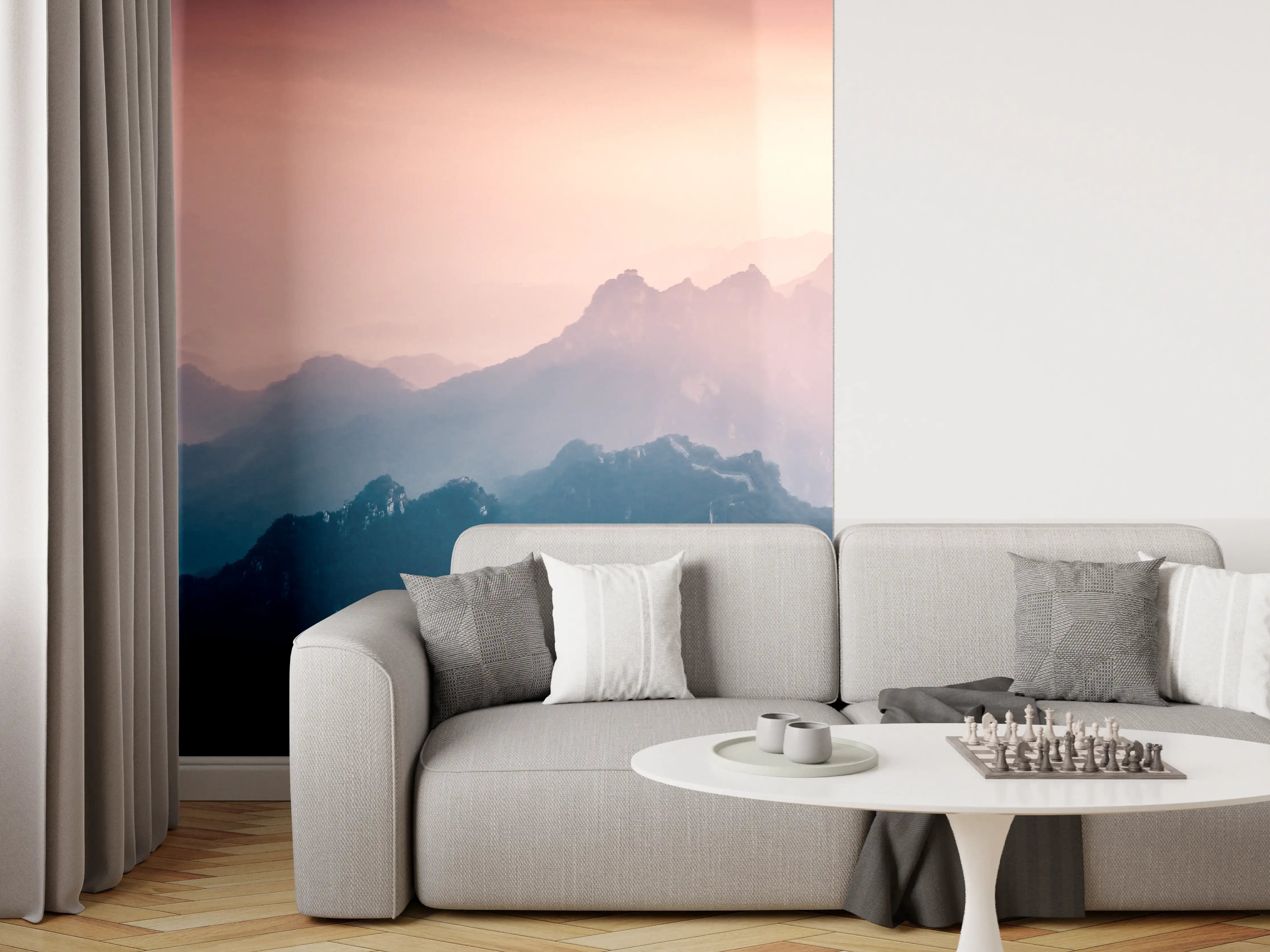 Wandverkleidung Wohnzimmer - Neblige Gipfel bei Morgengrauen