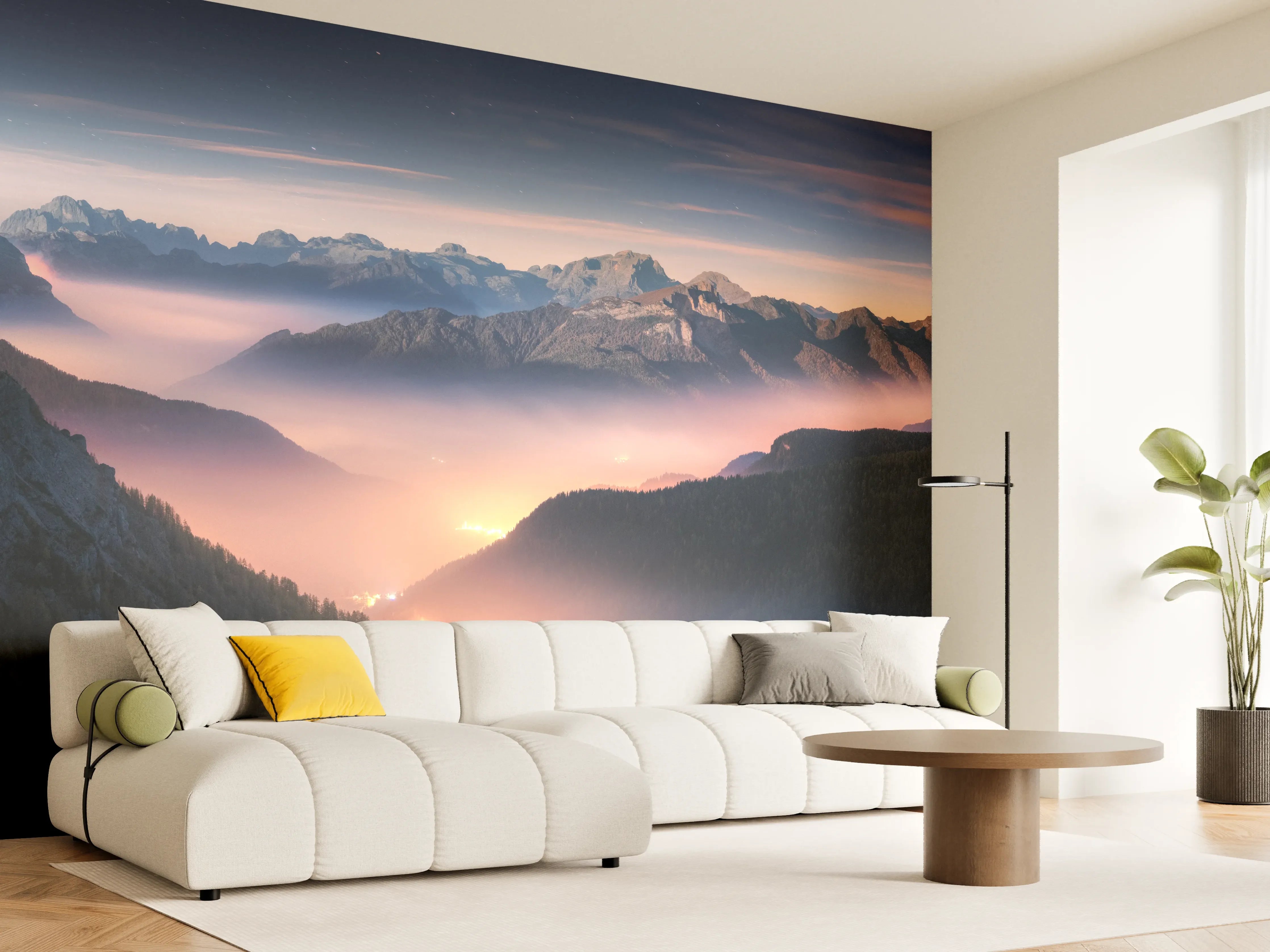 Wandverkleidung Wohnzimmer - Nebliger Blick auf Dolomiten