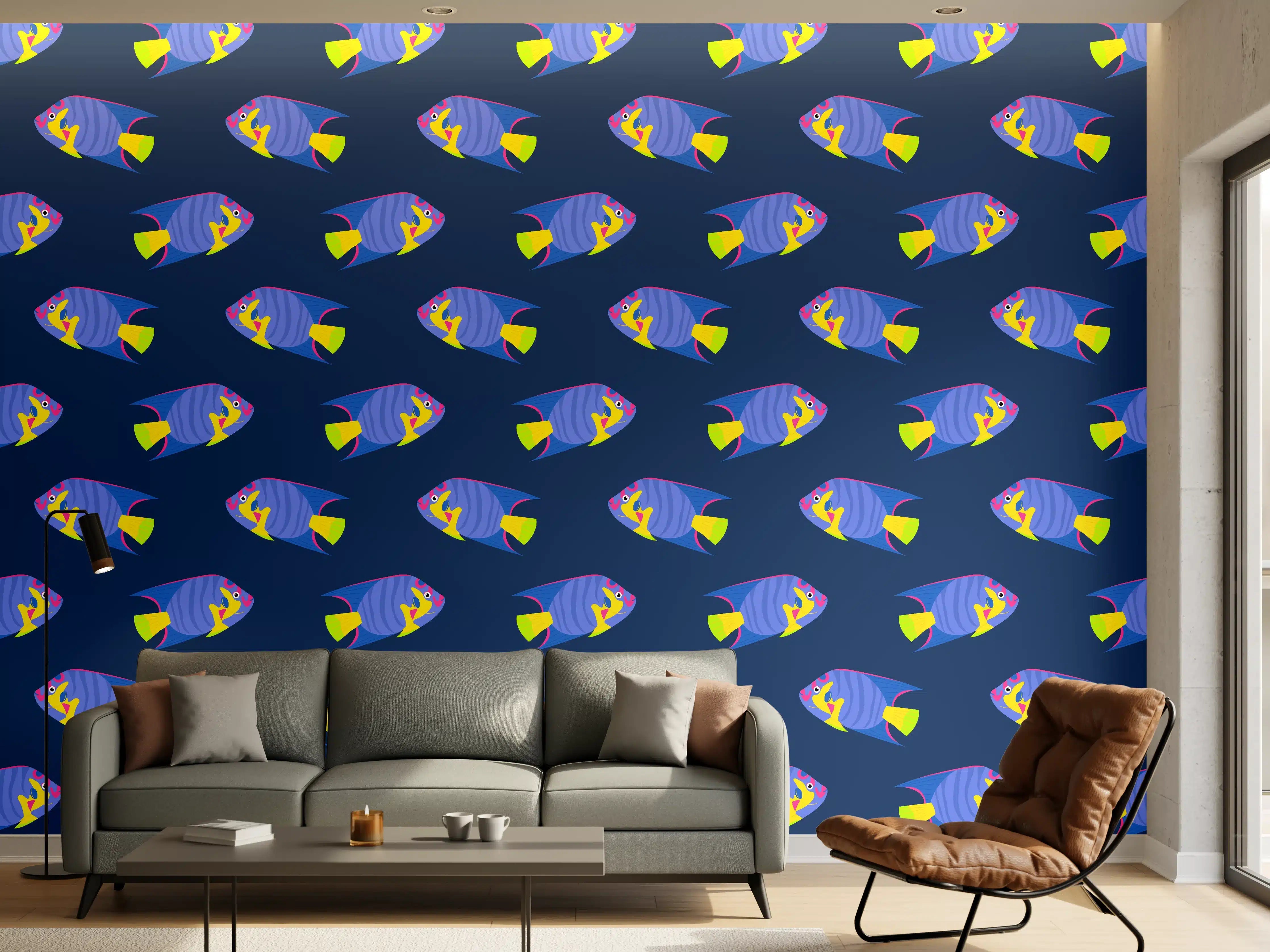 Wandverkleidung Wohnzimmer - Neon-Fische Blau-Gelb Muster