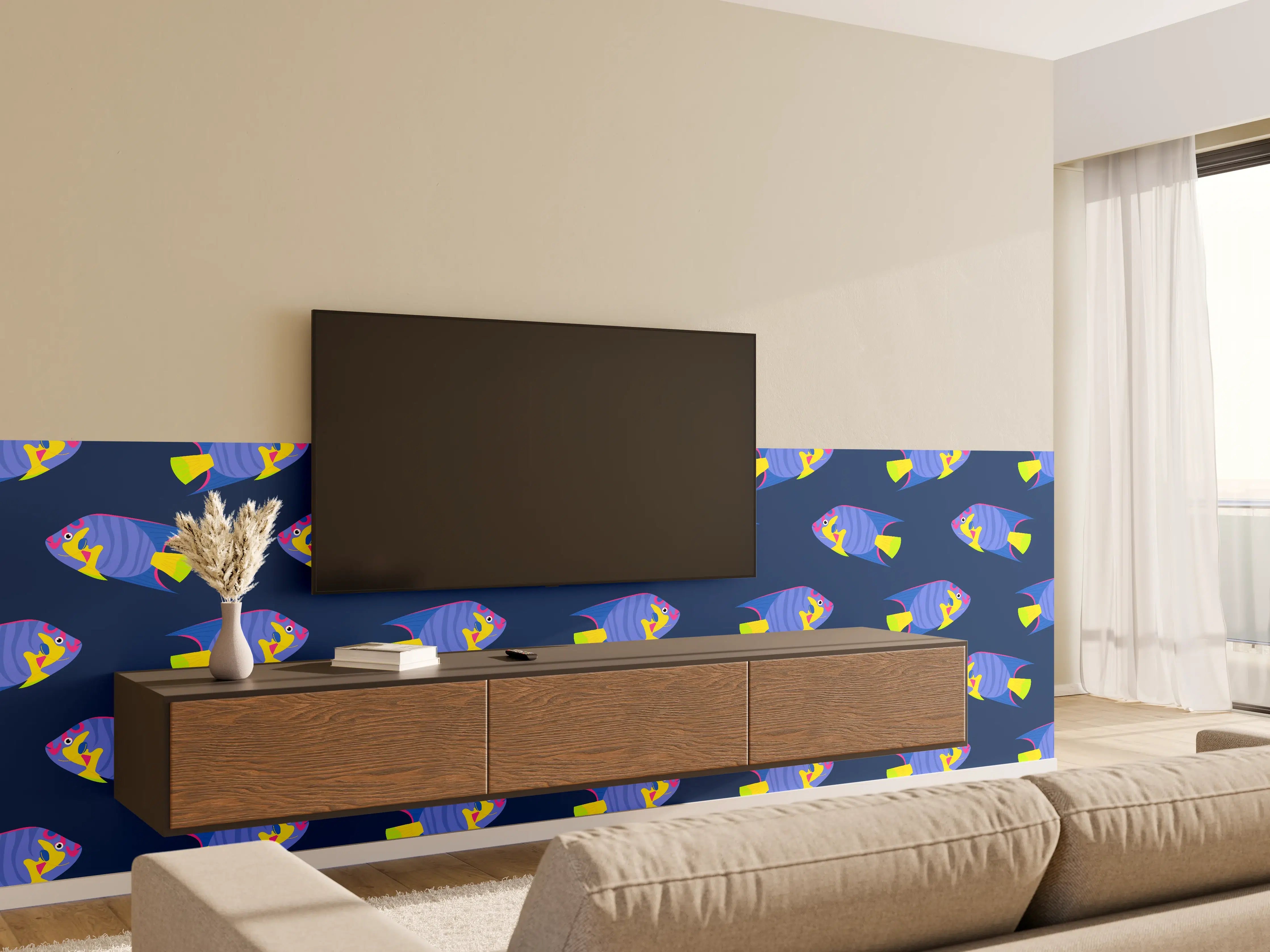 Wandverkleidung Wohnzimmer - Neon-Fische Blau-Gelb Muster