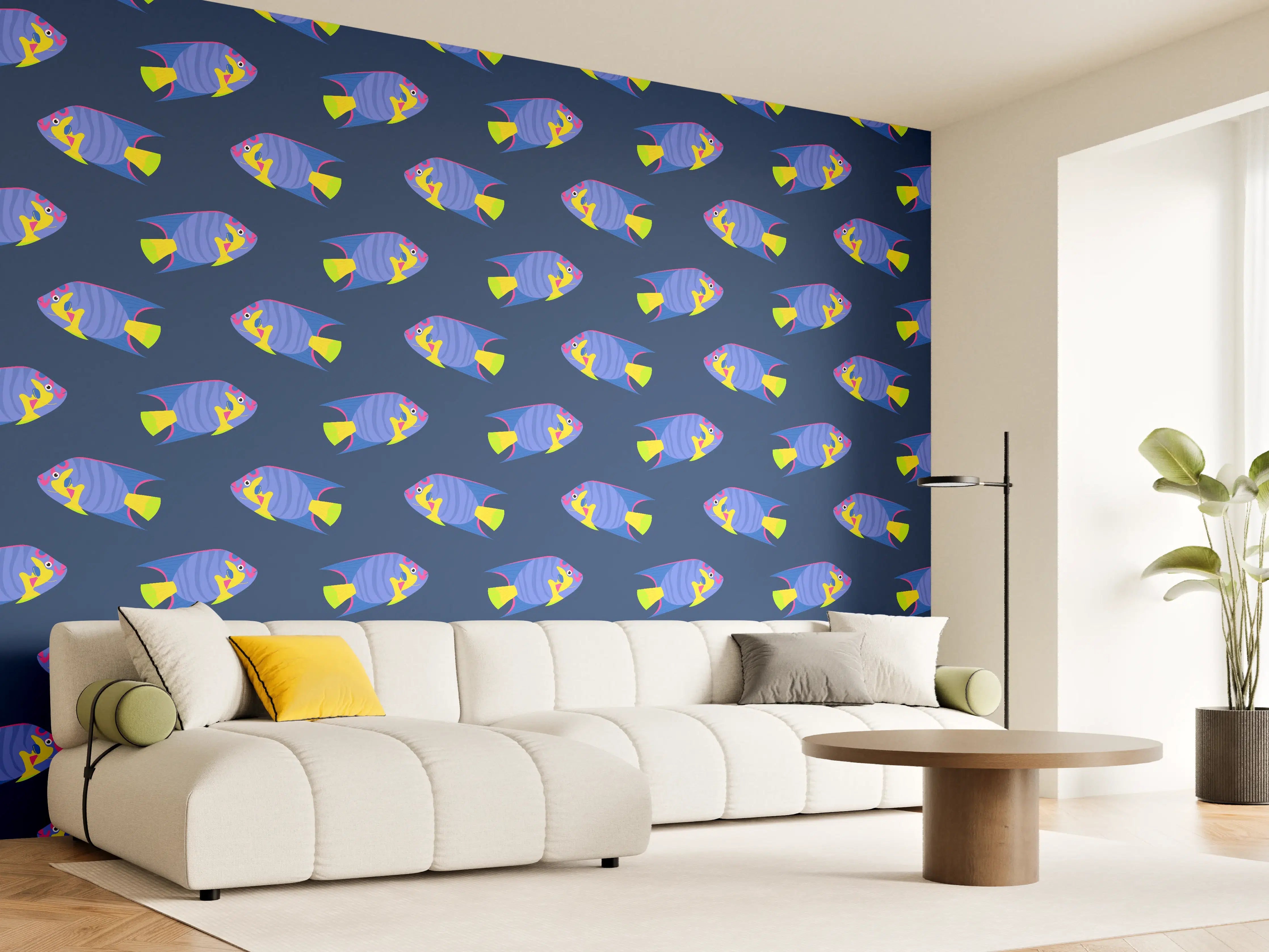 Wandverkleidung Wohnzimmer - Neon-Fische Blau-Gelb Muster