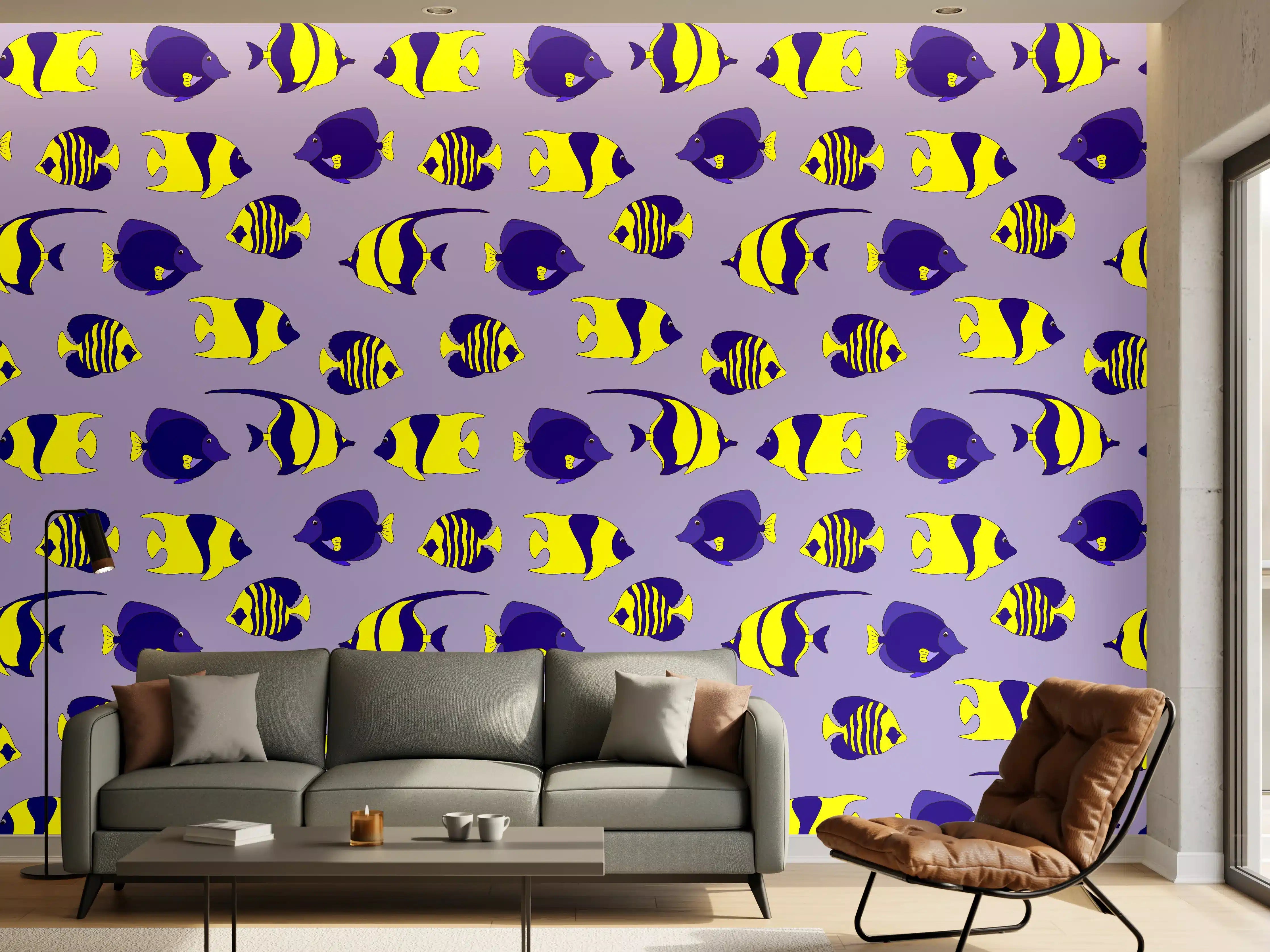 Wandverkleidung Wohnzimmer - Neon-Fische Gelb-Blau Muster