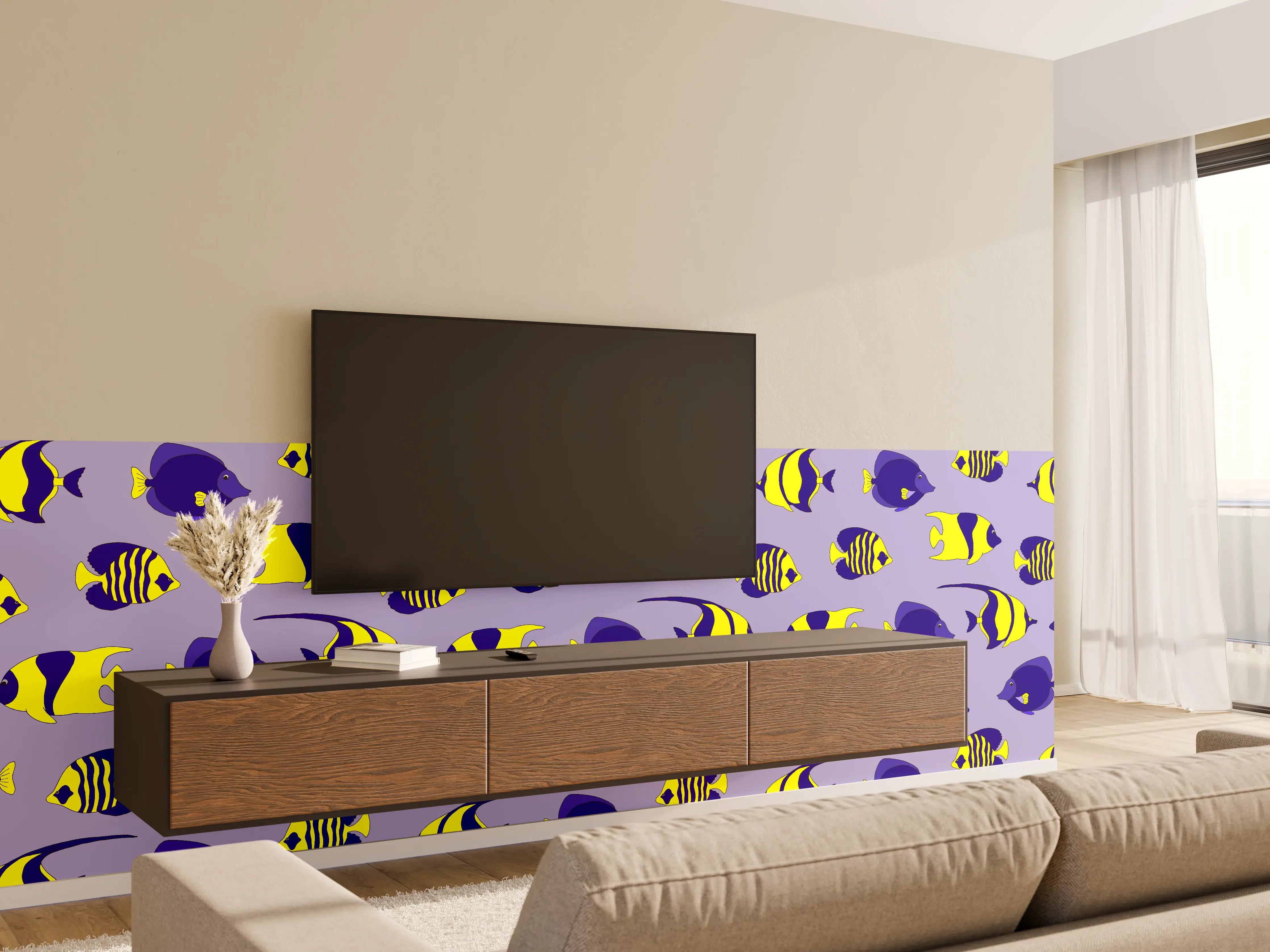 Wandverkleidung Wohnzimmer - Neon-Fische Gelb-Blau Muster