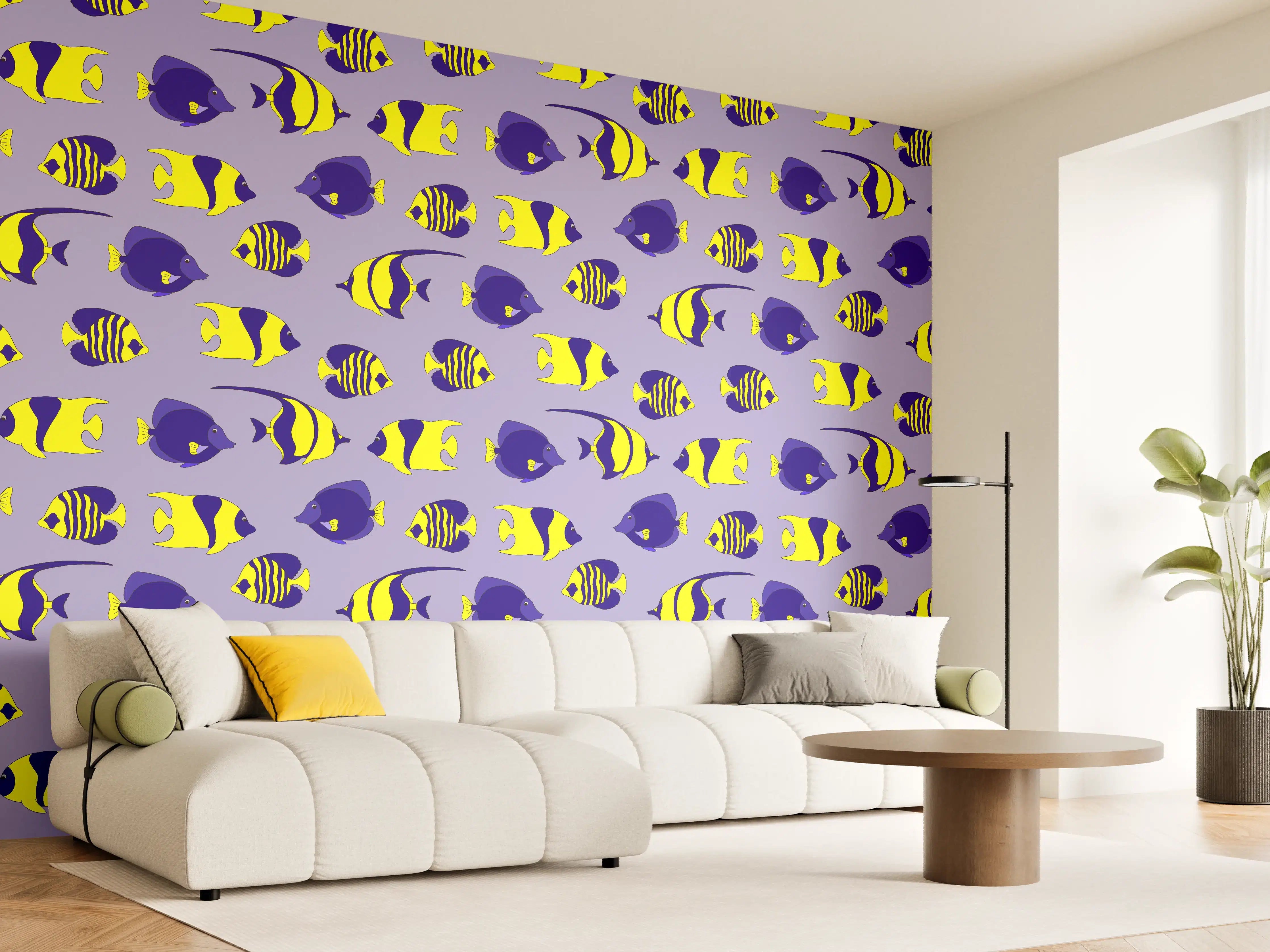 Wandverkleidung Wohnzimmer - Neon-Fische Gelb-Blau Muster