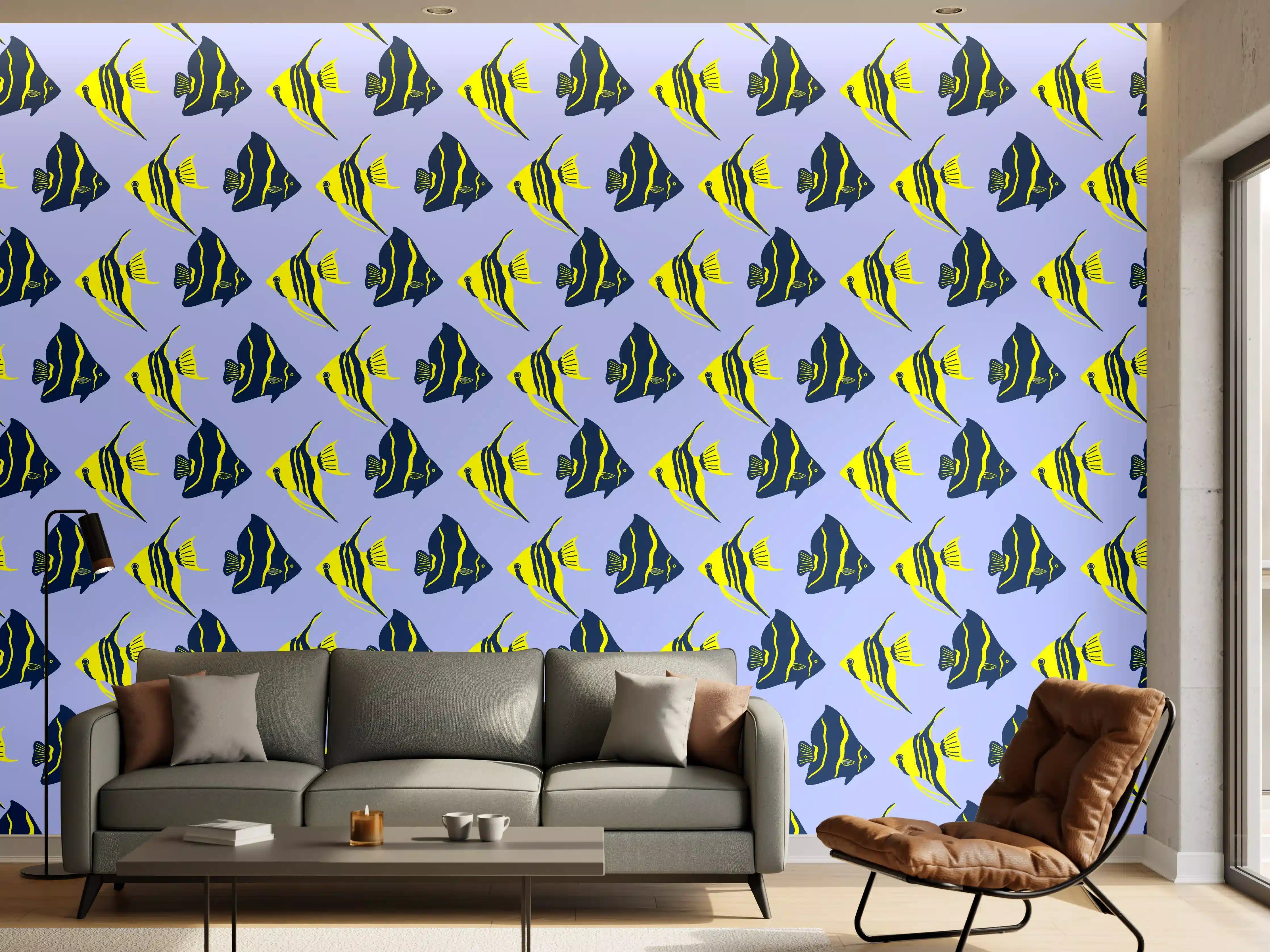 Wandverkleidung Wohnzimmer - Neon-Fischmuster Blau Gelb