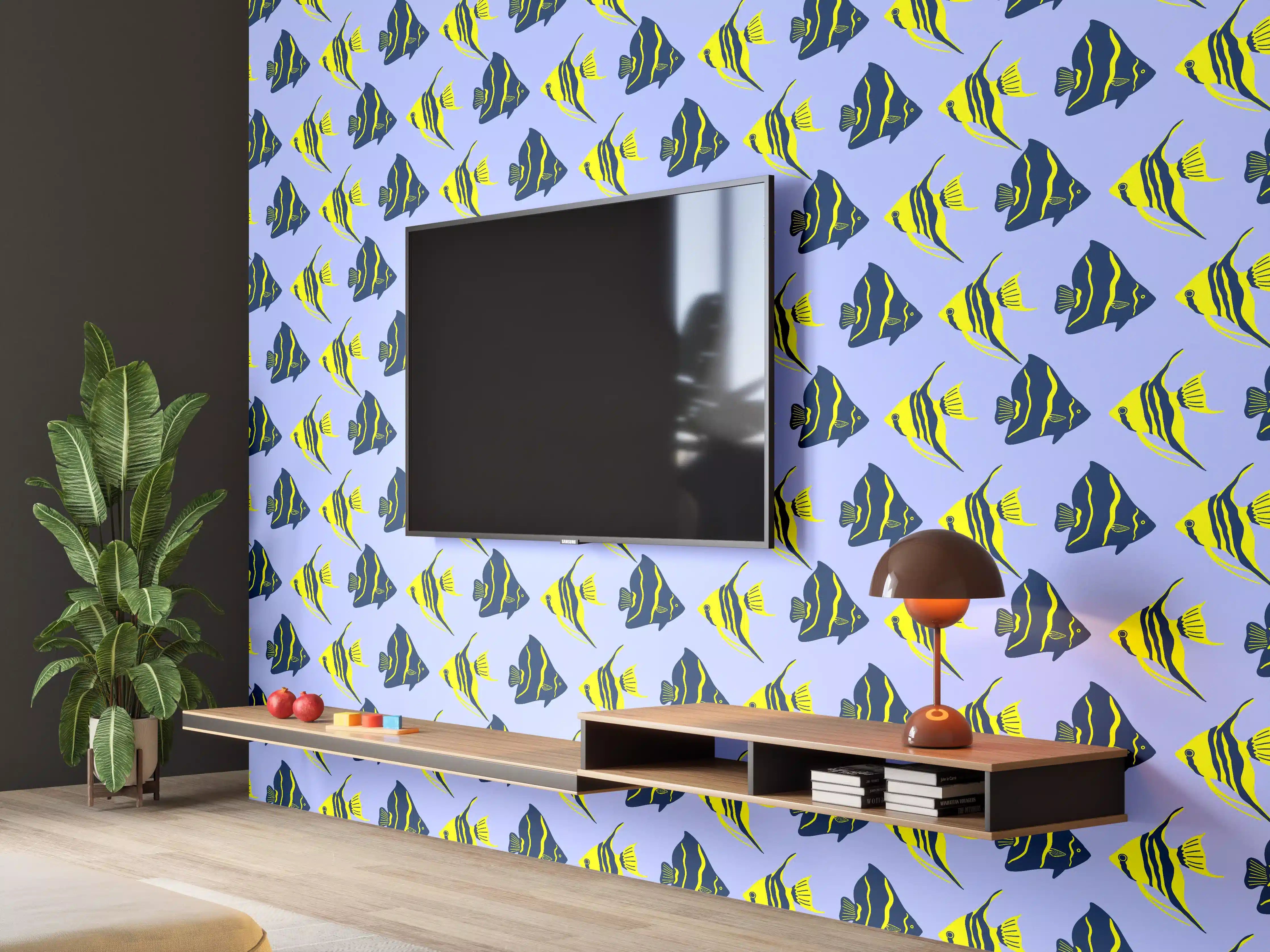 Wandverkleidung Wohnzimmer - Neon-Fischmuster Blau Gelb
