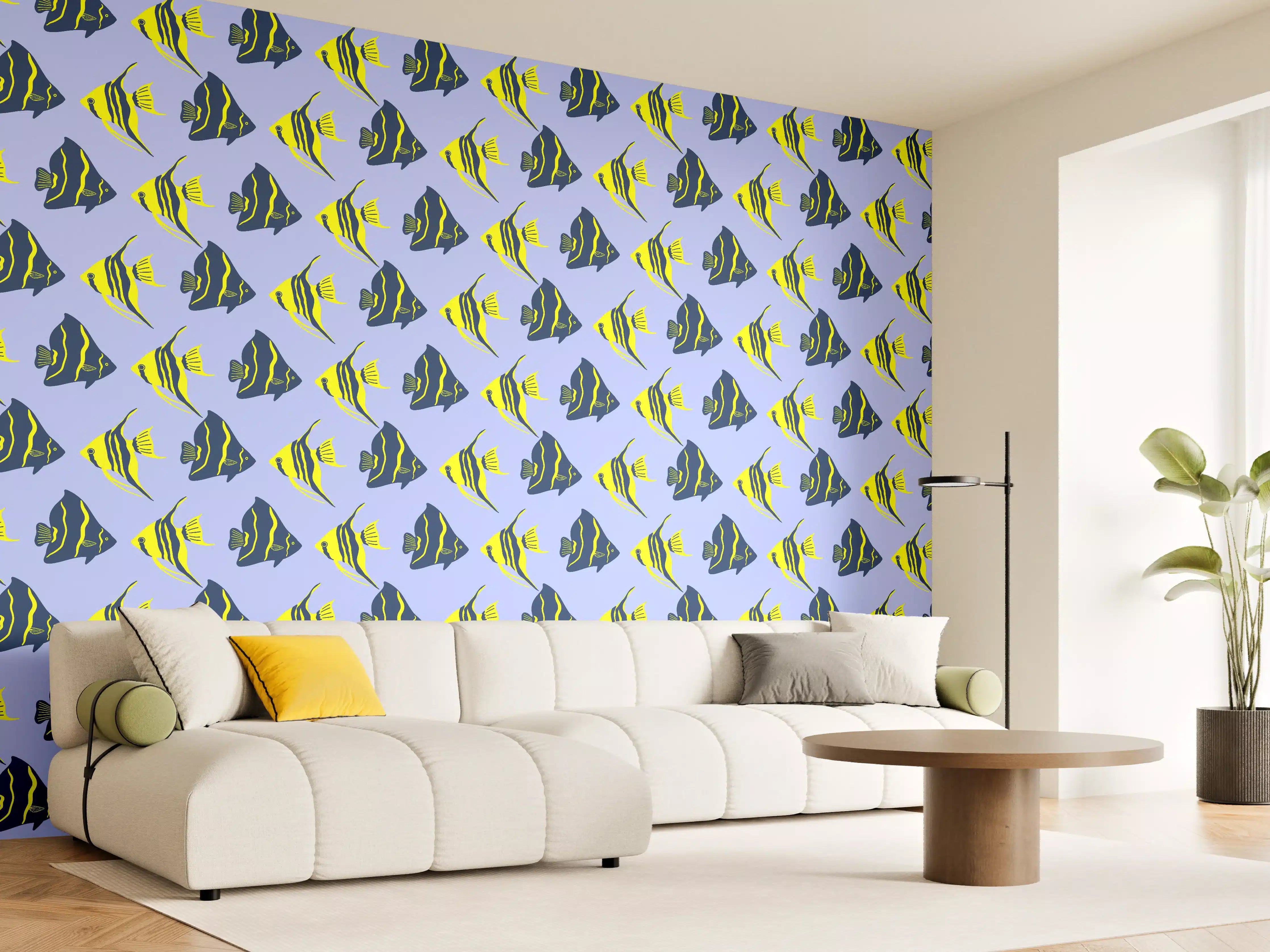 Wandverkleidung Wohnzimmer - Neon-Fischmuster Blau Gelb