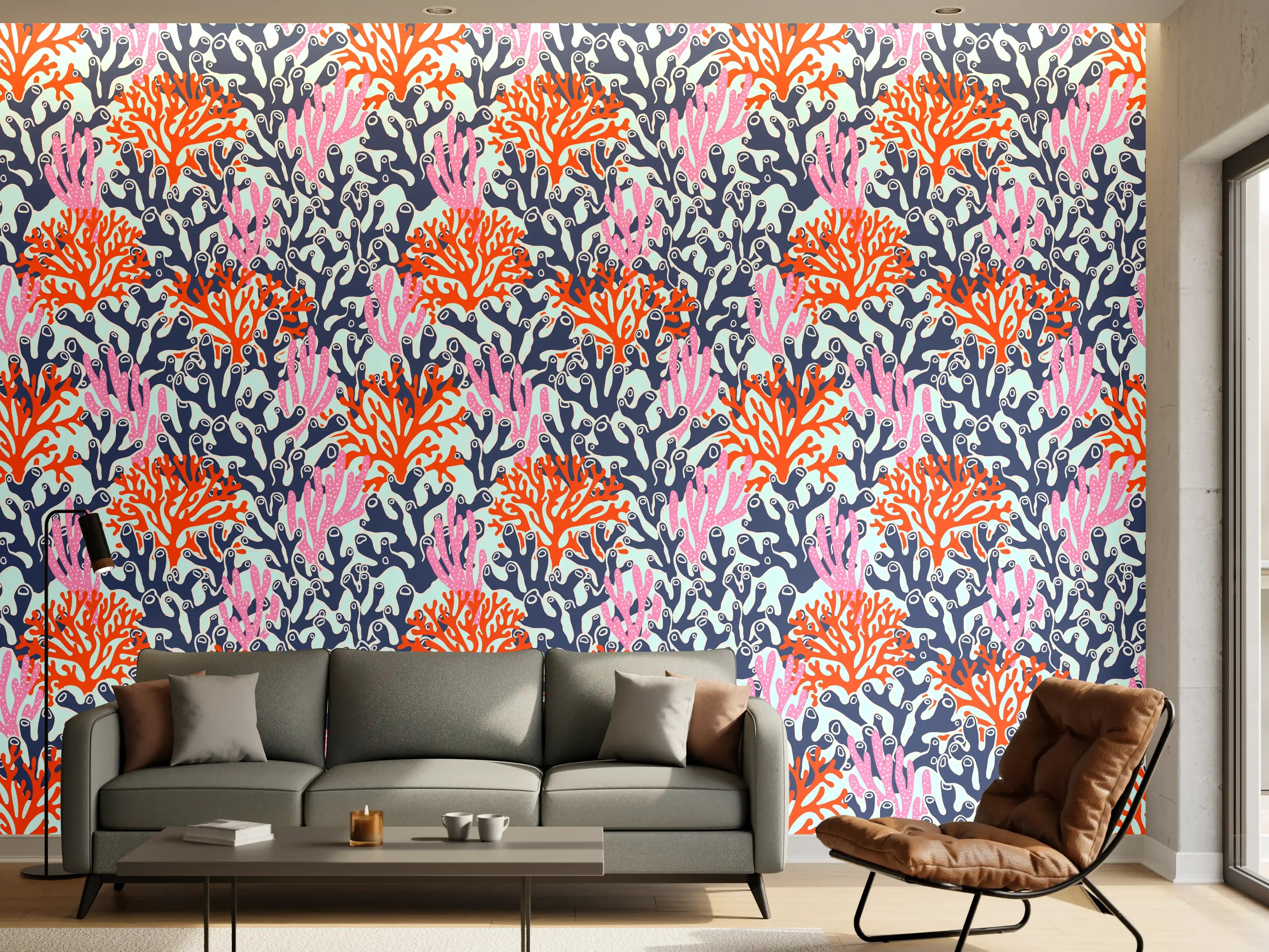 Wandverkleidung Wohnzimmer - Neon-Korallen Blau Orange Pink