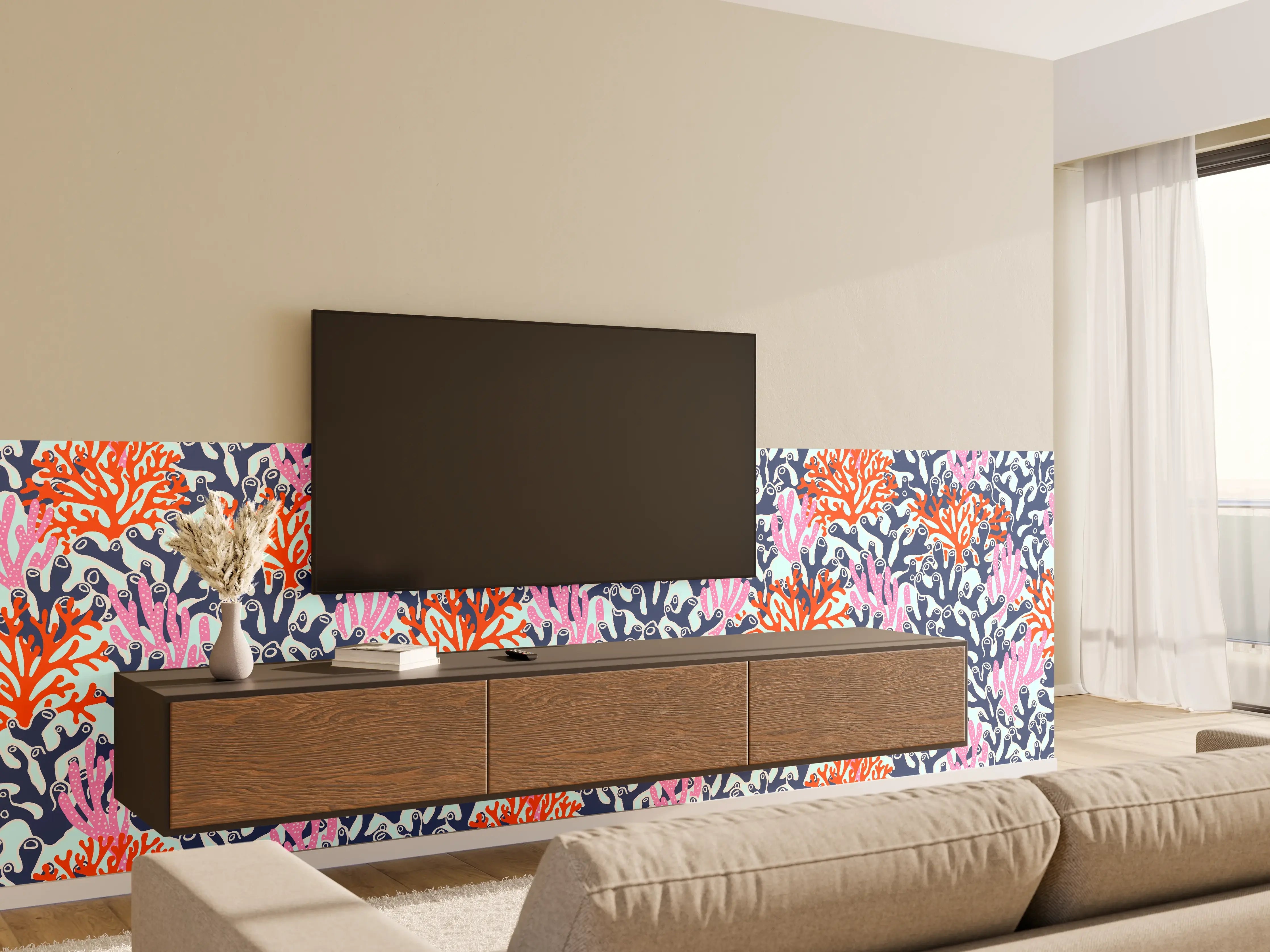 Wandverkleidung Wohnzimmer - Neon-Korallen Blau Orange Pink