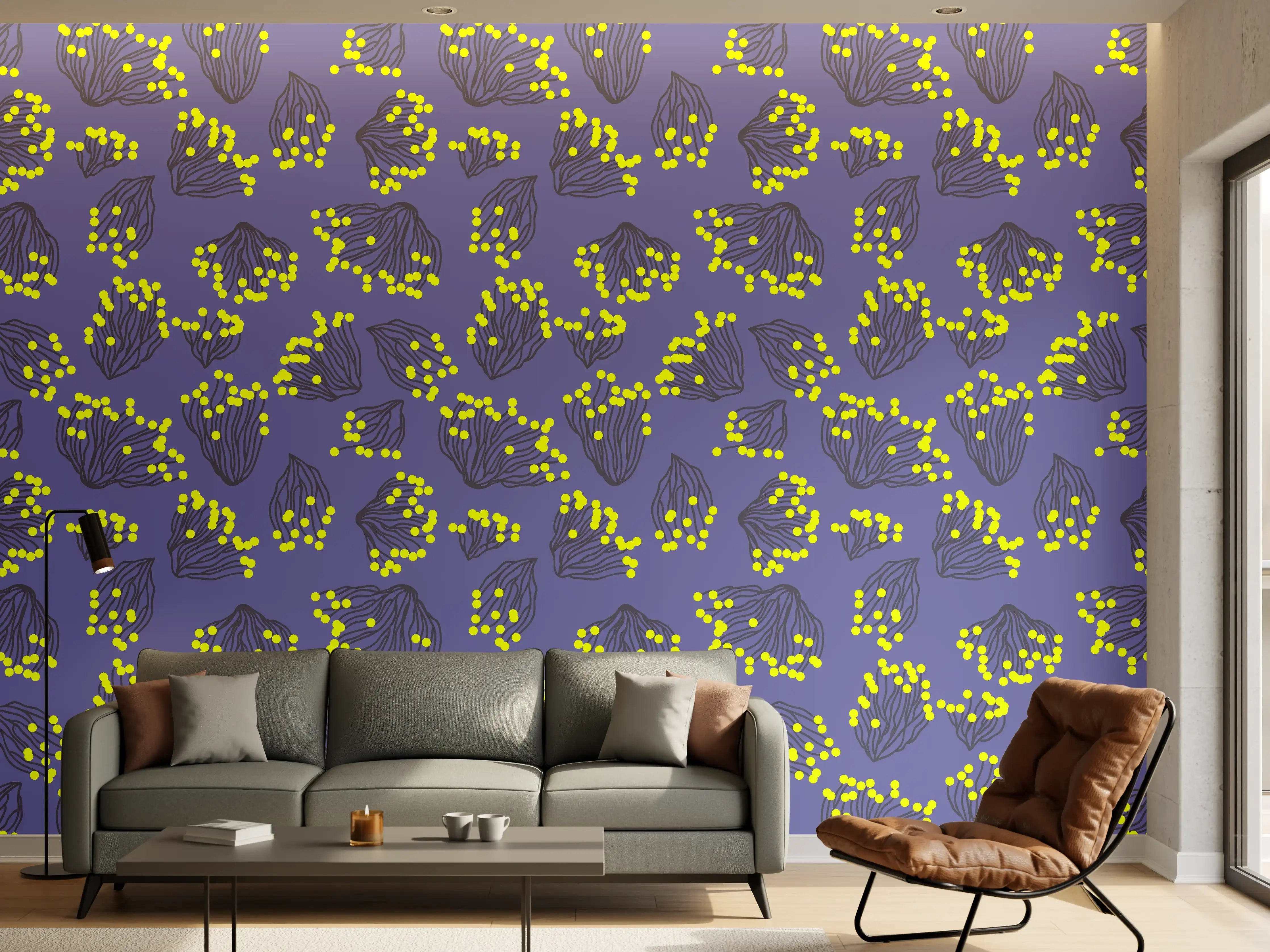 Wandverkleidung Wohnzimmer - Neon-Korallen Lila-Gelb Muster