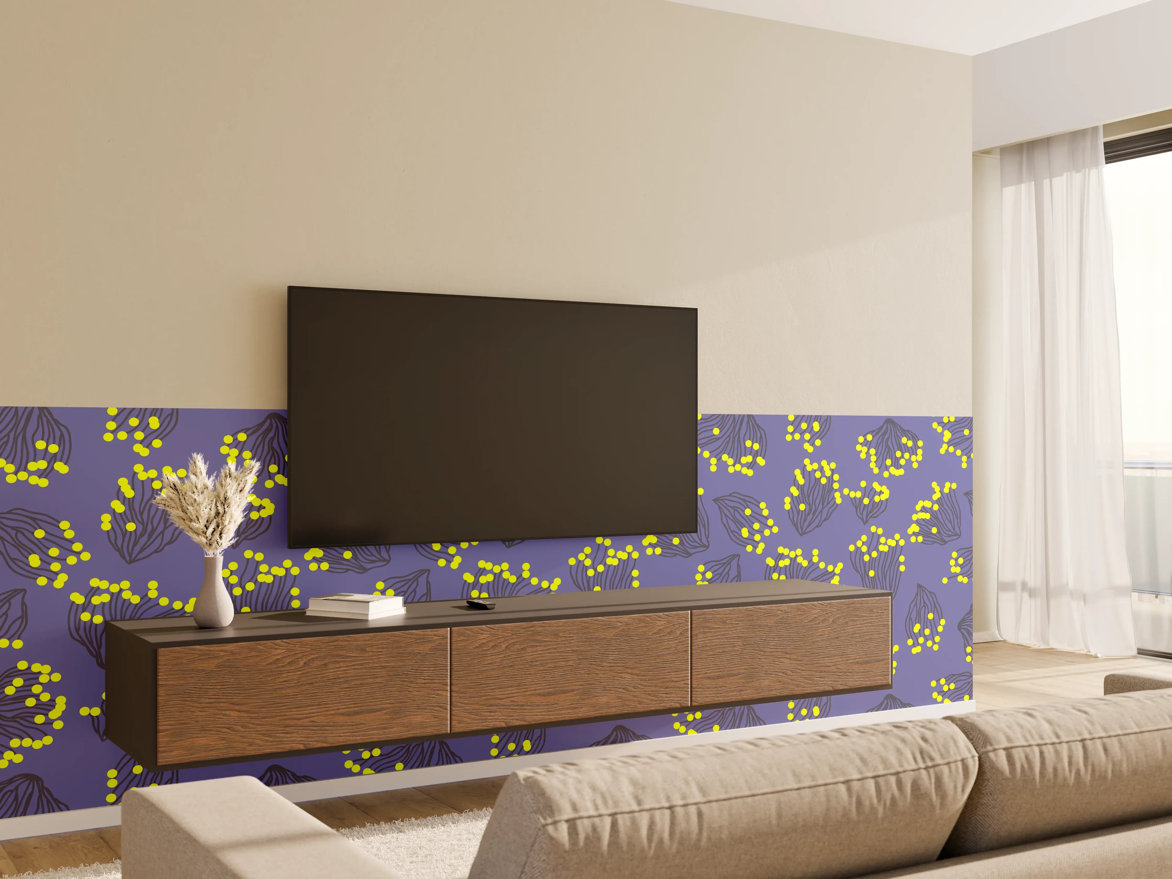 Wandverkleidung Wohnzimmer - Neon-Korallen Lila-Gelb Muster