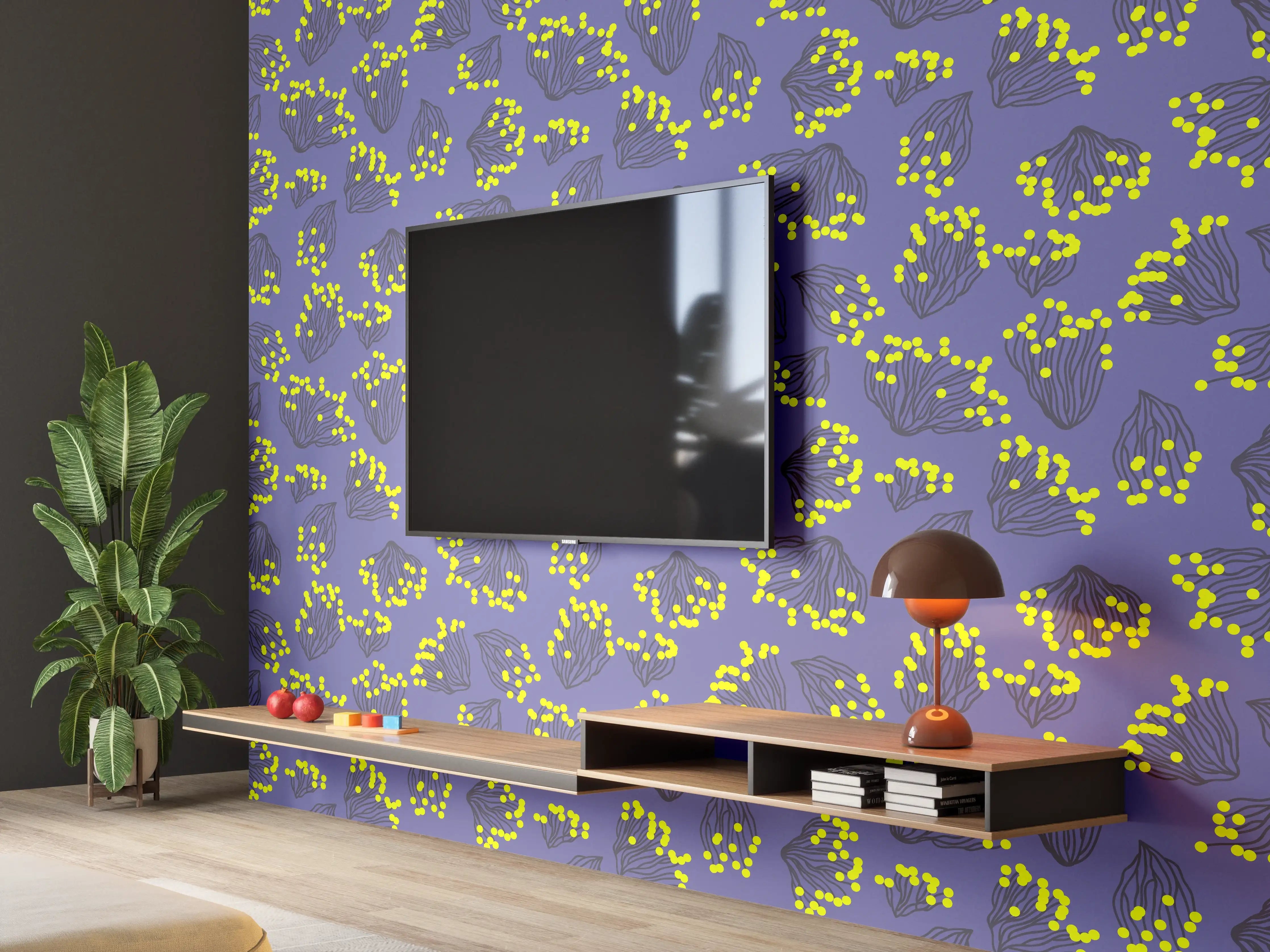 Wandverkleidung Wohnzimmer - Neon-Korallen Lila-Gelb Muster