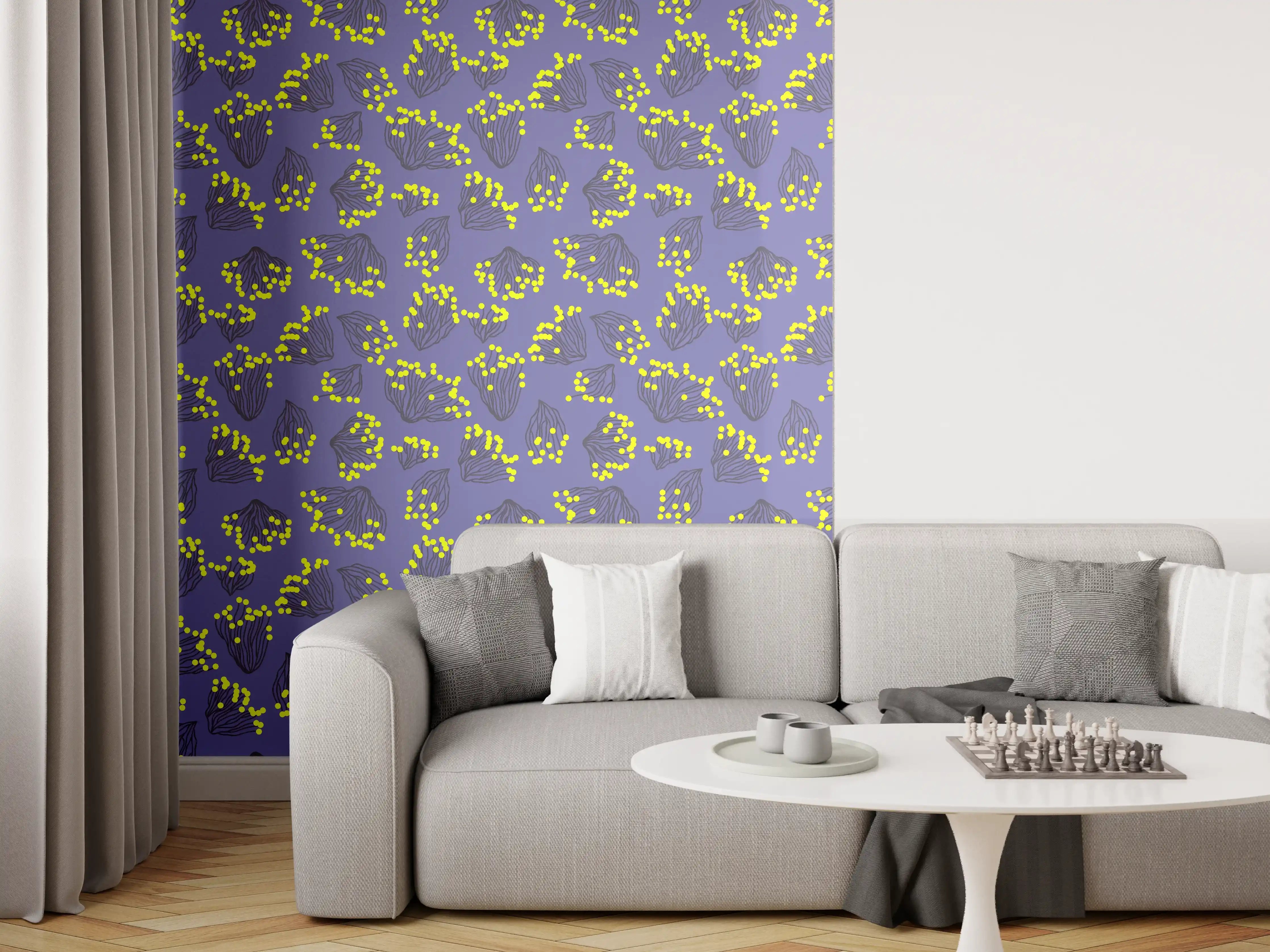 Wandverkleidung Wohnzimmer - Neon-Korallen Lila-Gelb Muster