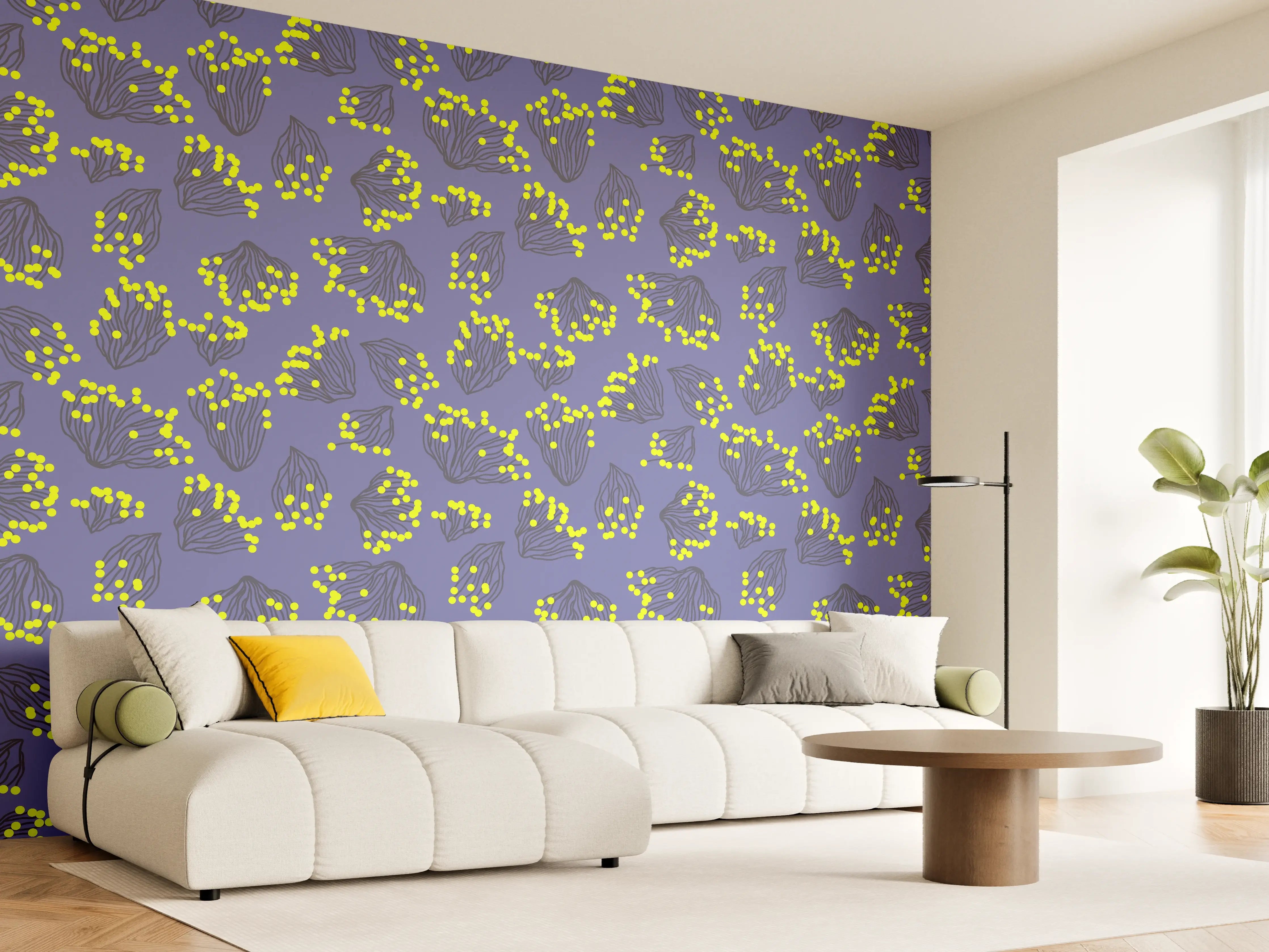 Wandverkleidung Wohnzimmer - Neon-Korallen Lila-Gelb Muster