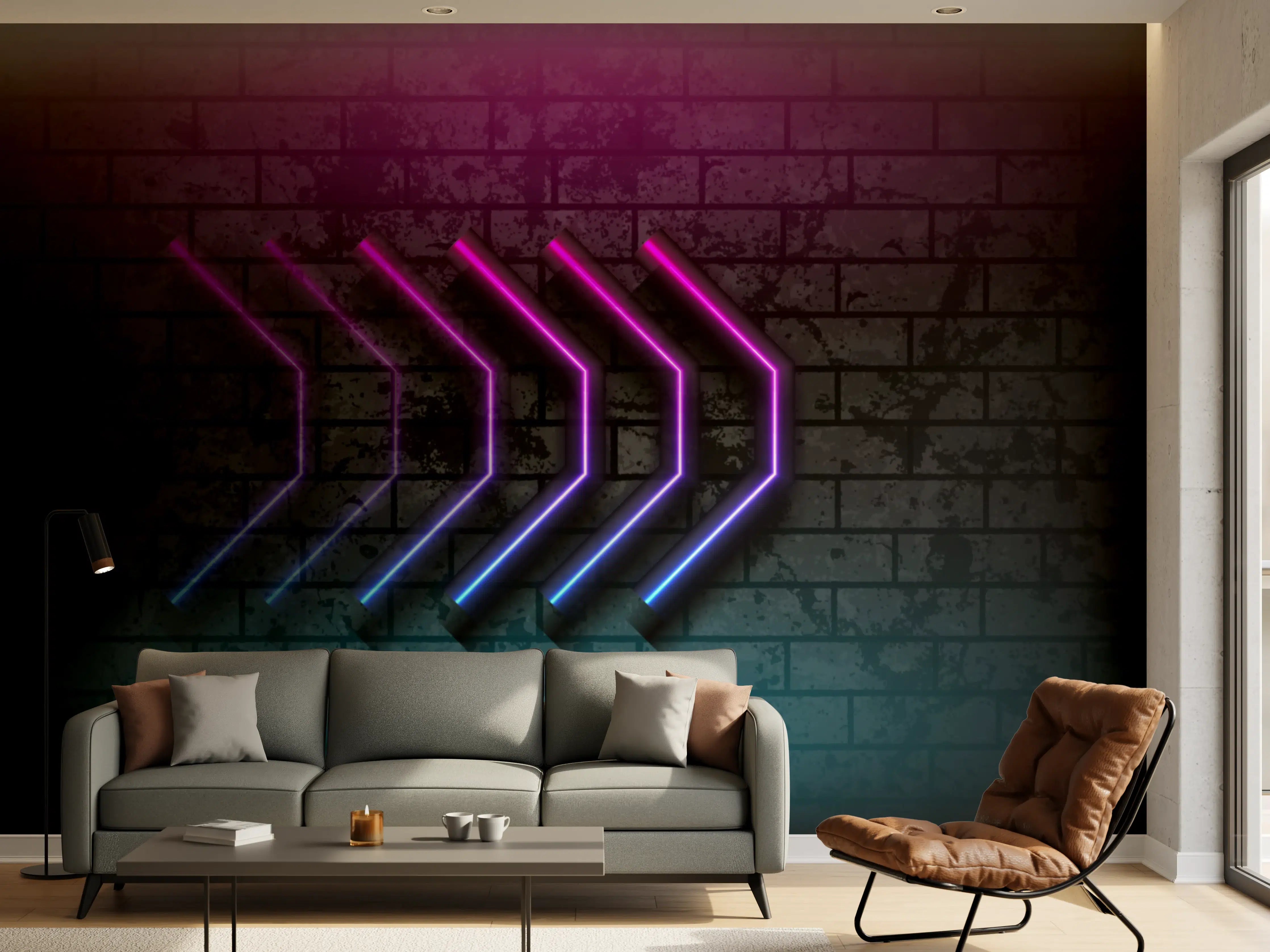 Wandverkleidung Wohnzimmer - Neon-Leuchtpfade in dunkler Wandkulisse