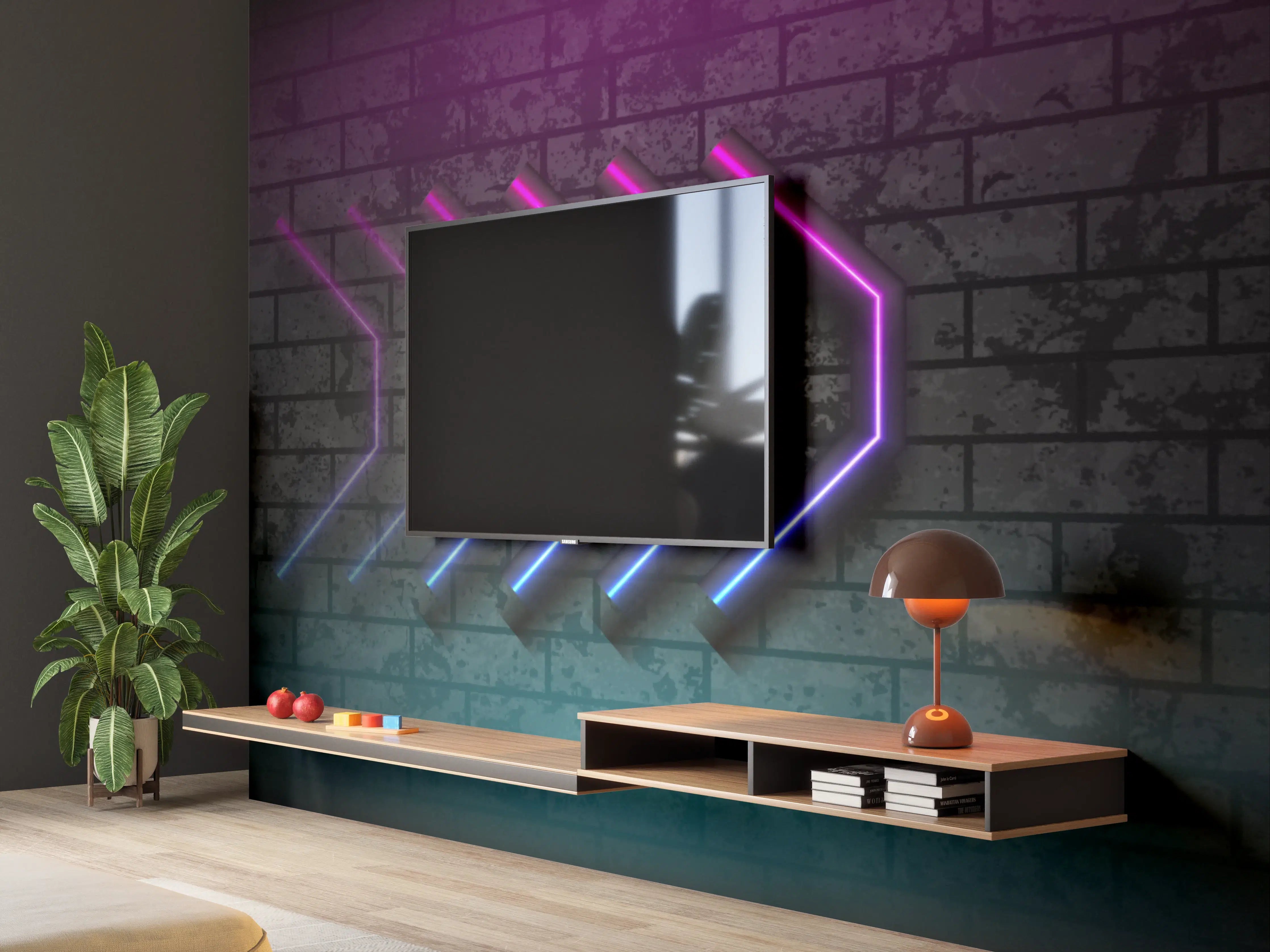Wandverkleidung Wohnzimmer - Neon-Leuchtpfade in dunkler Wandkulisse