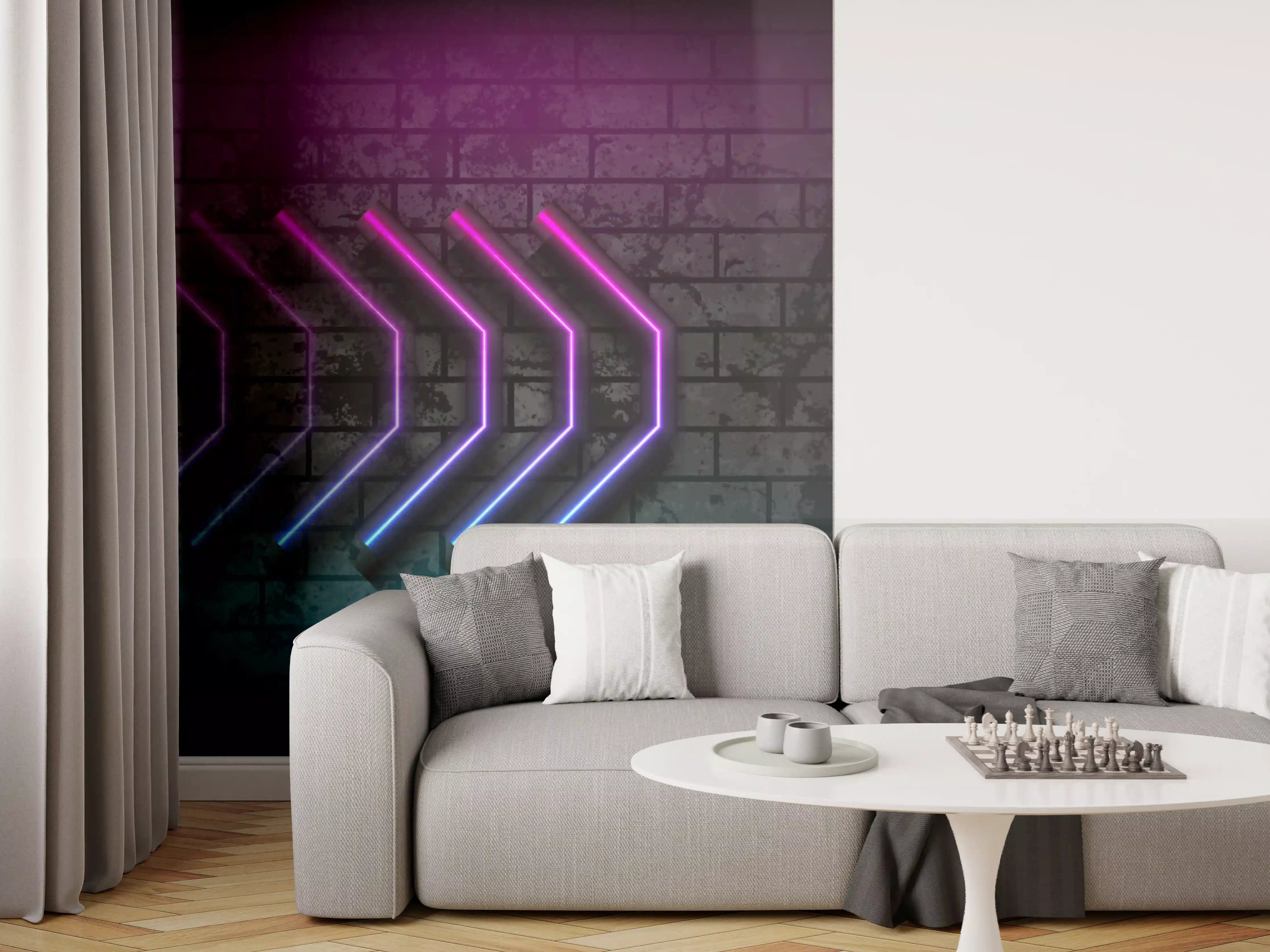 Wandverkleidung Wohnzimmer - Neon-Leuchtpfade in dunkler Wandkulisse