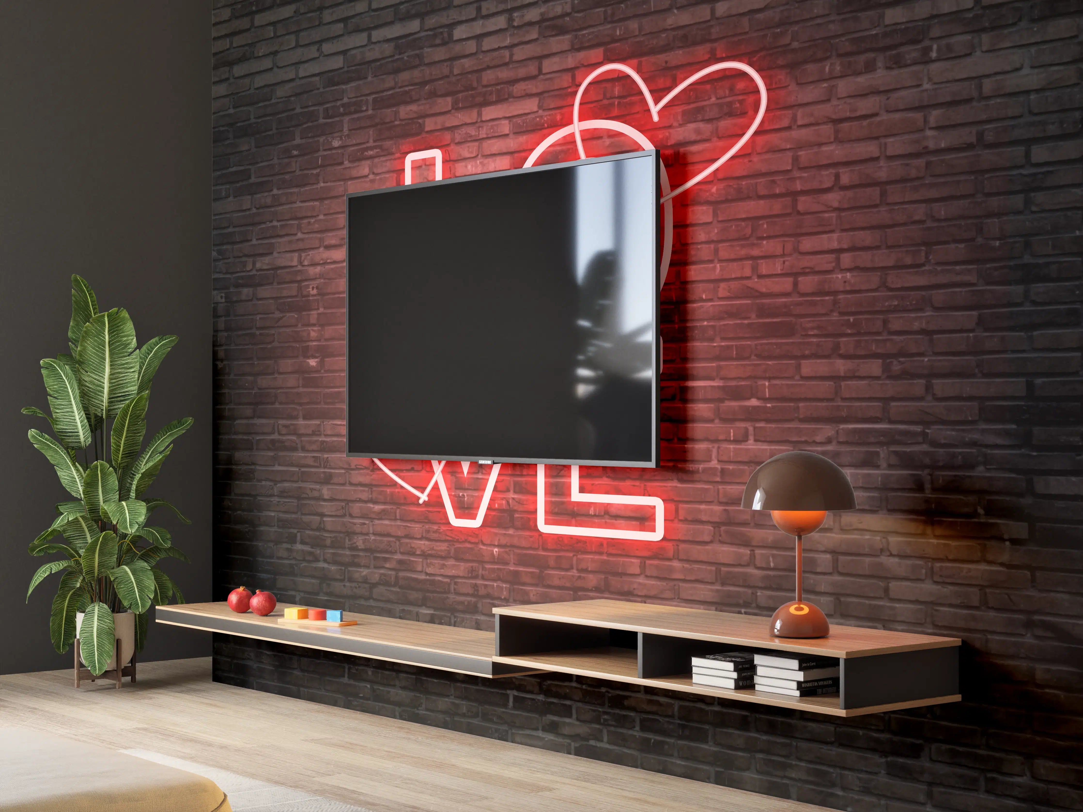 Wandverkleidung Wohnzimmer - Neon Love-Design an Ziegelwand