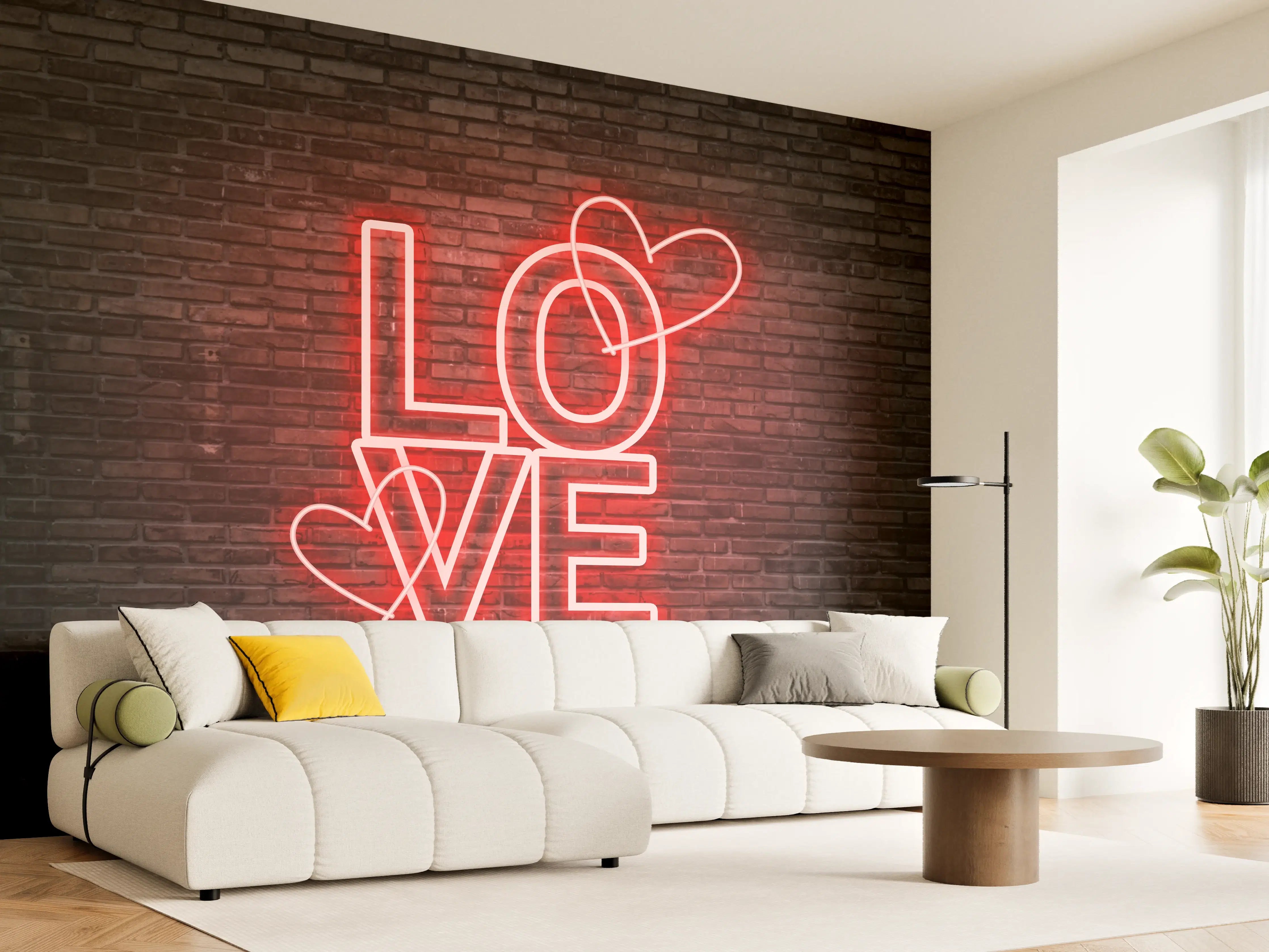 Wandverkleidung Wohnzimmer - Neon Love-Design an Ziegelwand