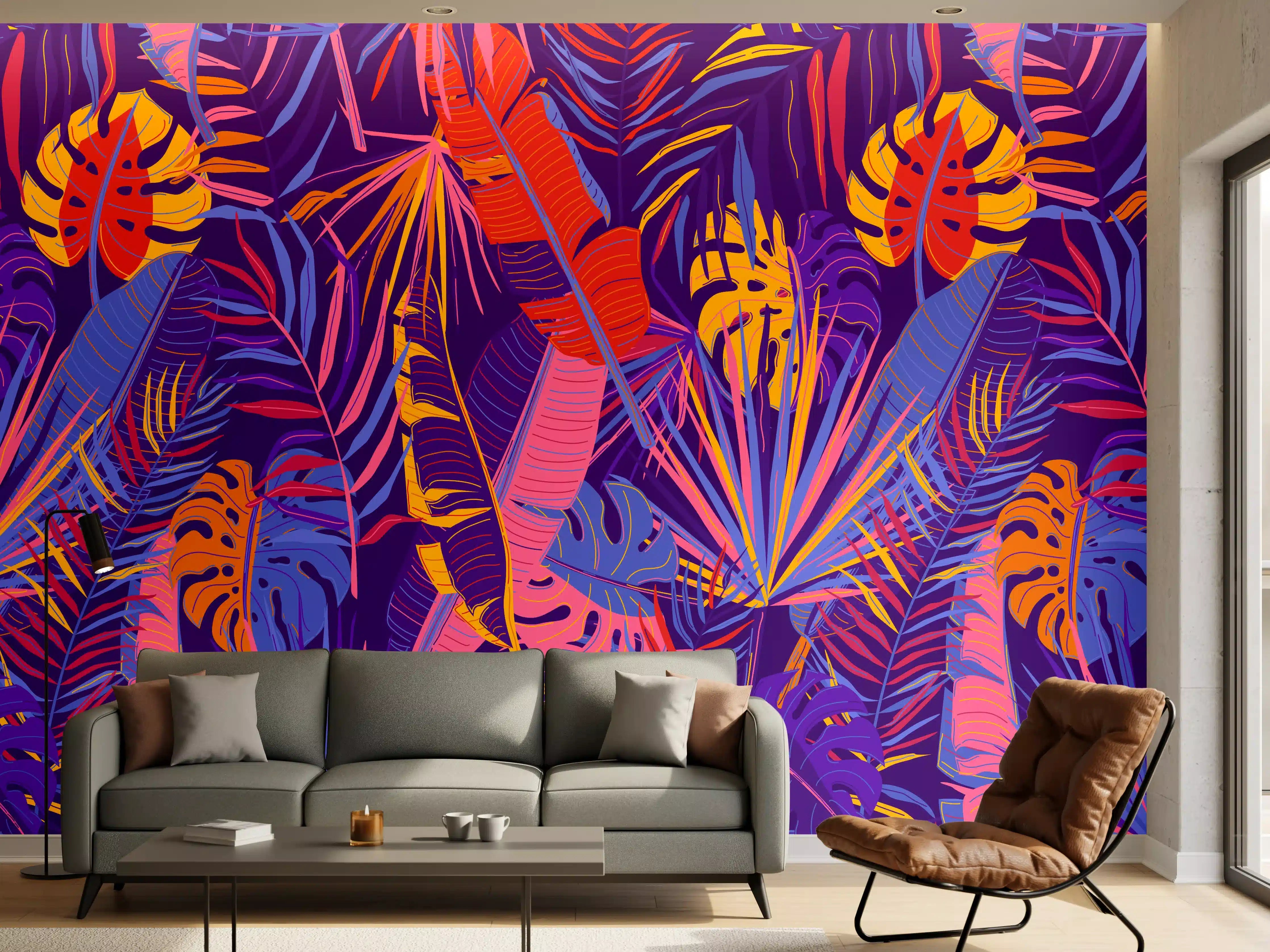 Wandverkleidung Wohnzimmer - Neon Tropenblätter Muster