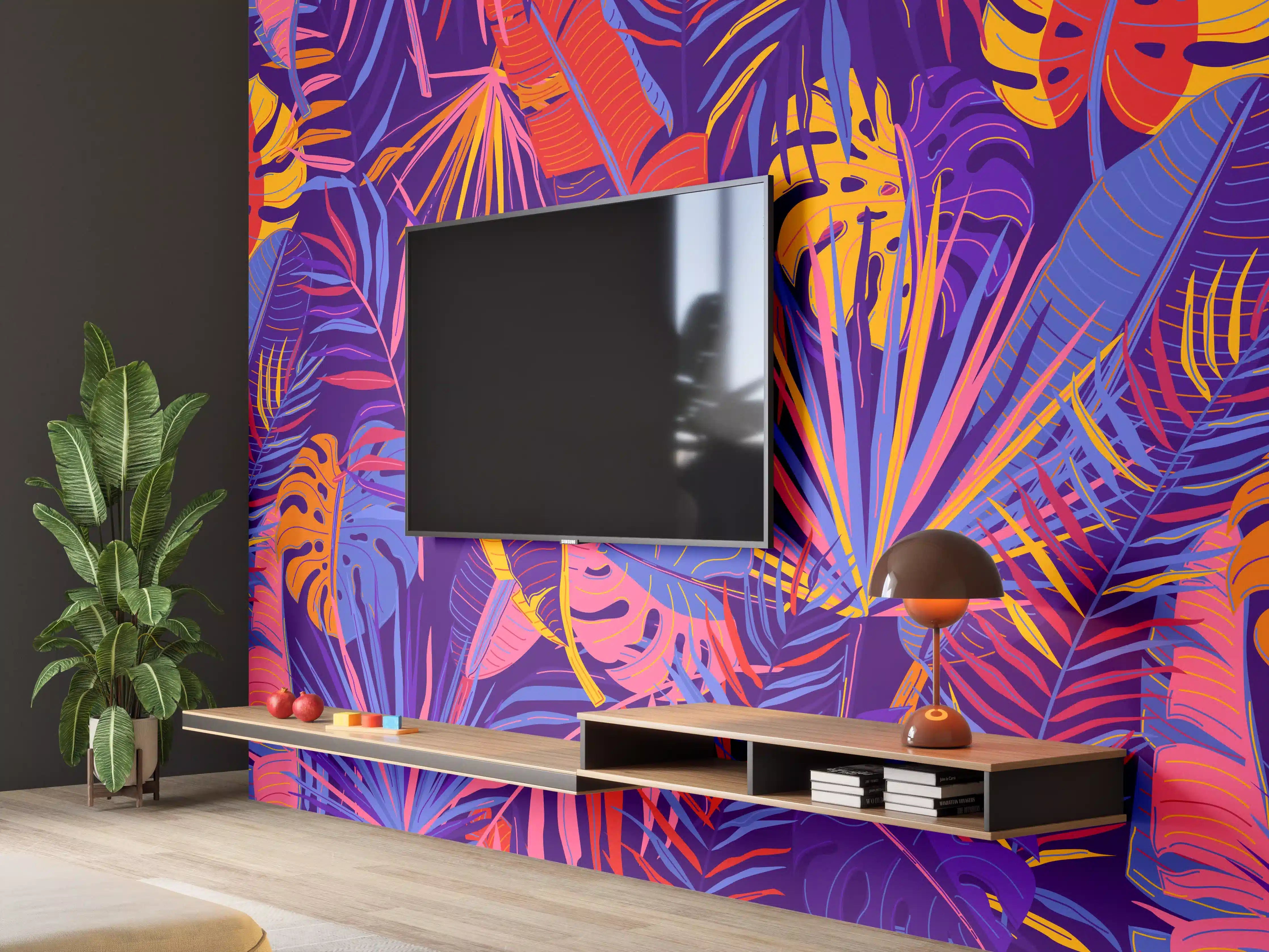 Wandverkleidung Wohnzimmer - Neon Tropenblätter Muster