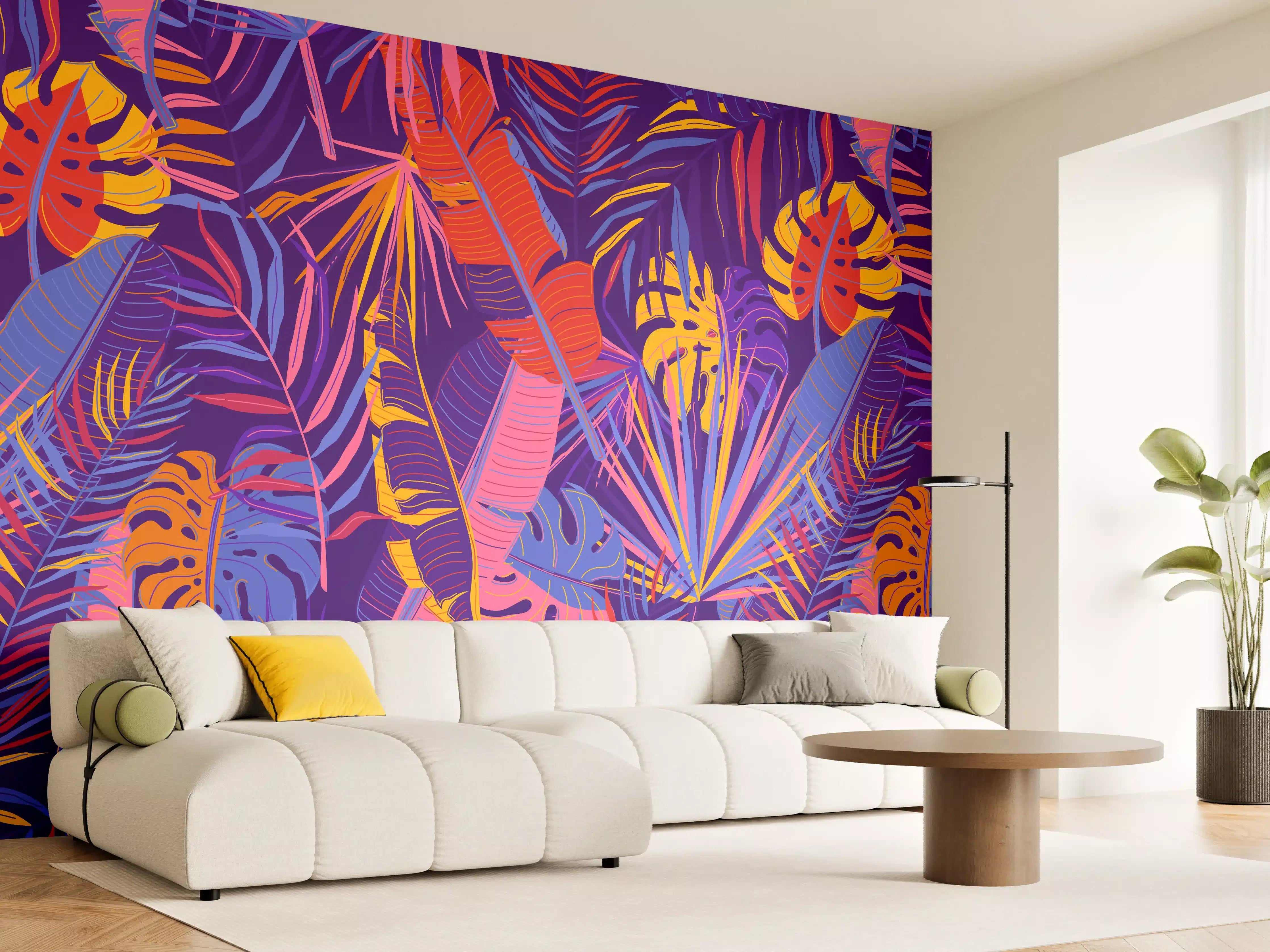 Wandverkleidung Wohnzimmer - Neon Tropenblätter Muster
