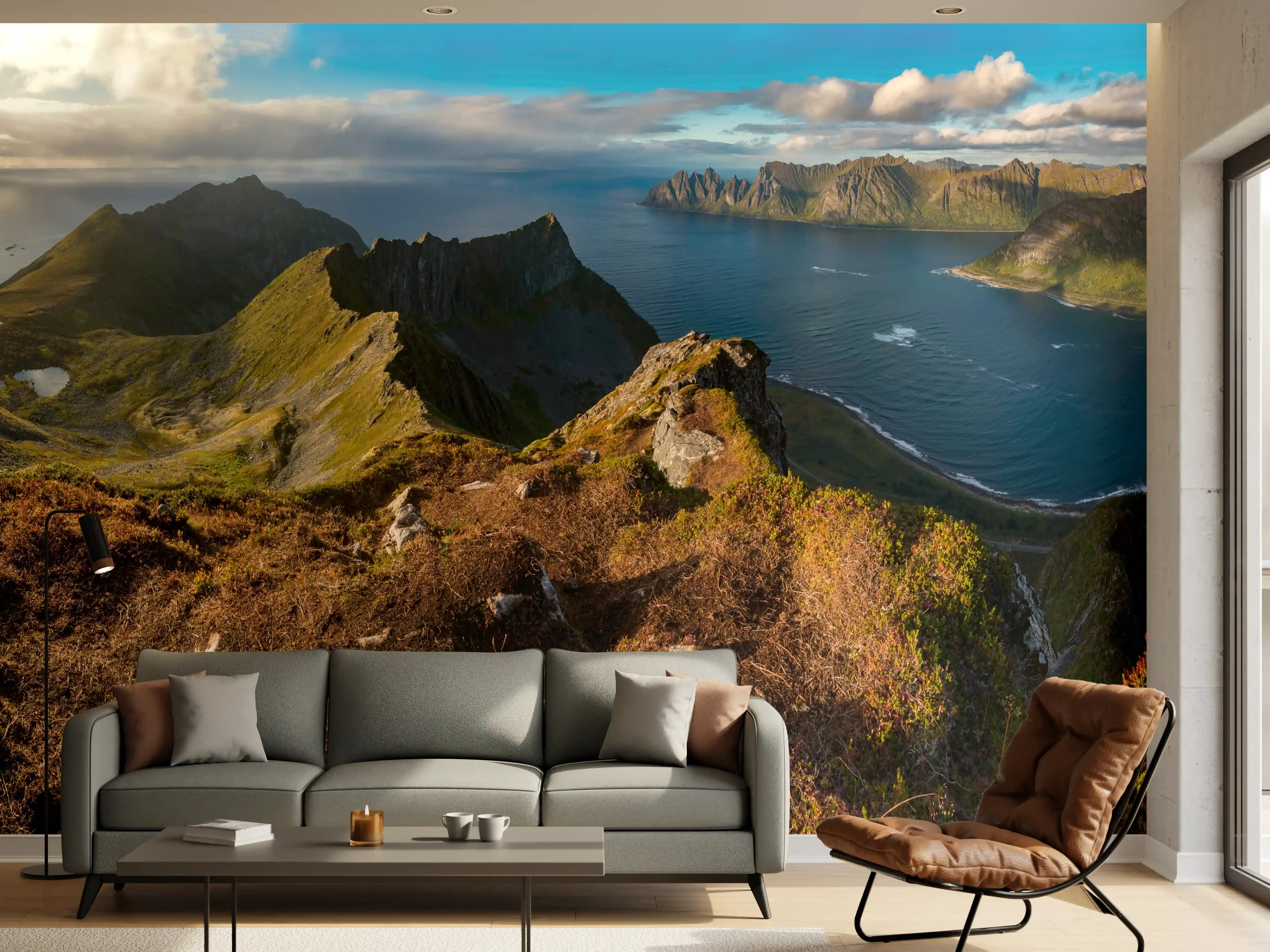 Wandverkleidung Wohnzimmer - Nordisches Küstenpanorama Blau-Grün