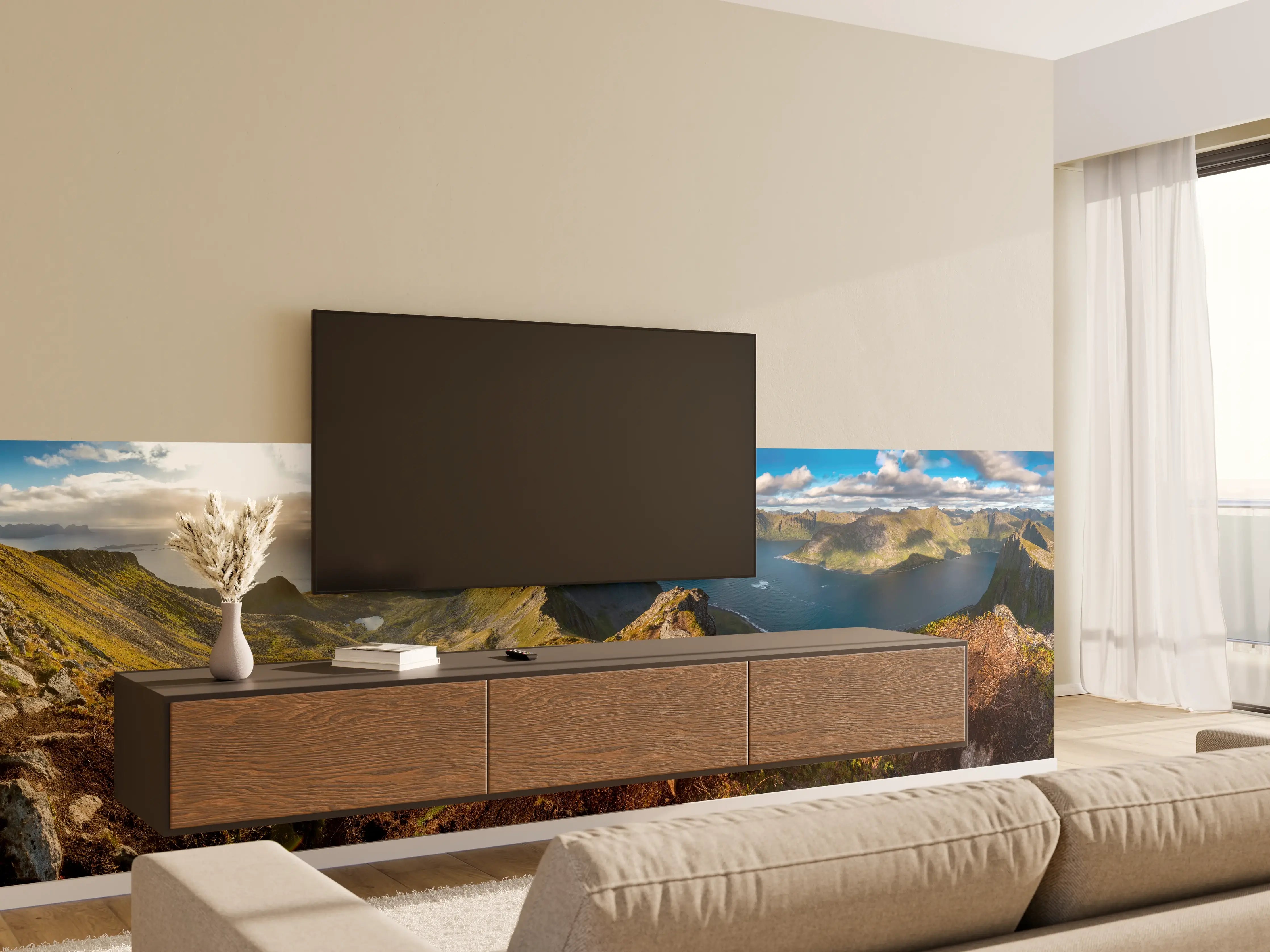 Wandverkleidung Wohnzimmer - Nordisches Küstenpanorama Blau-Grün