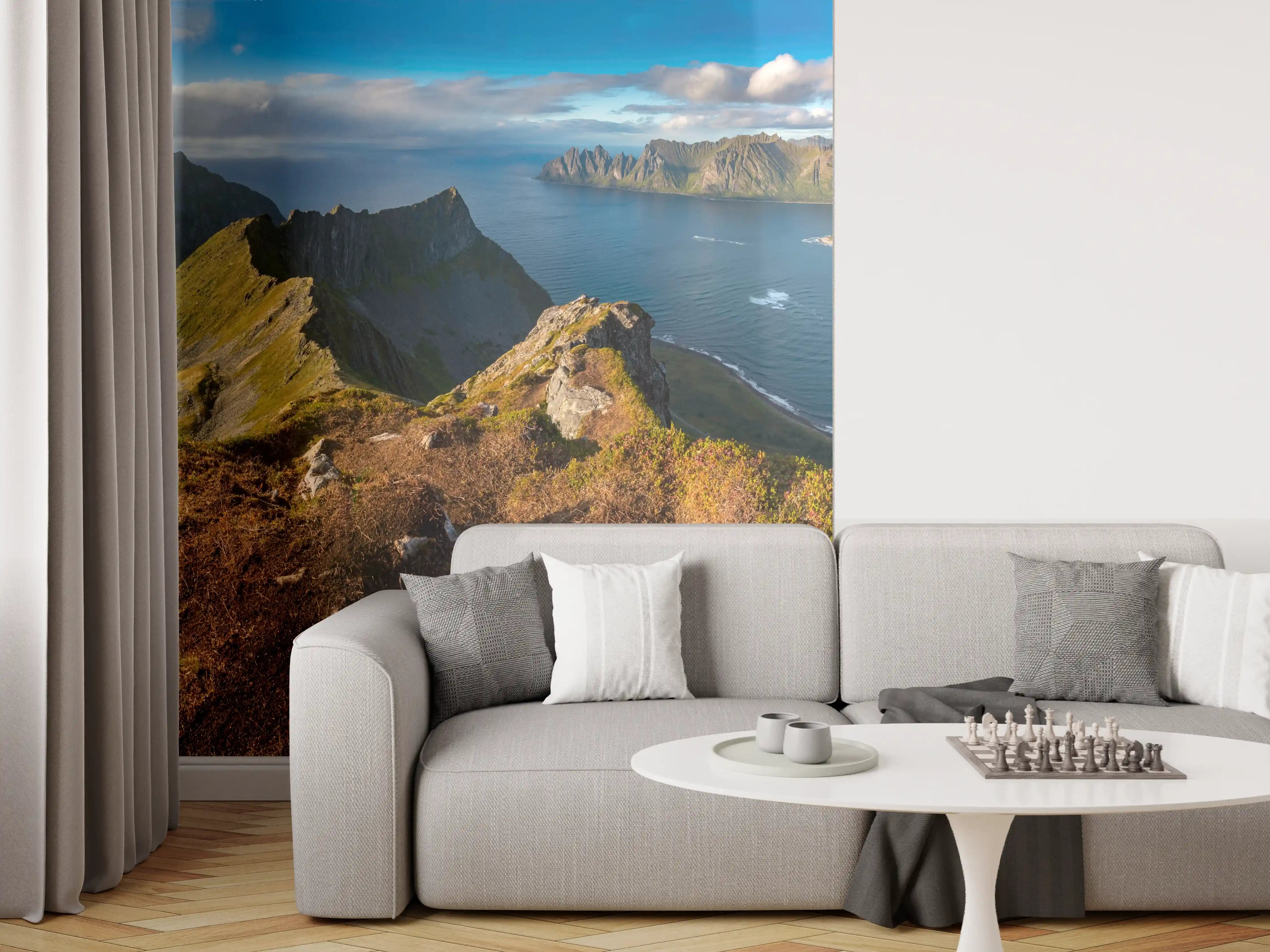 Wandverkleidung Wohnzimmer - Nordisches Küstenpanorama Blau-Grün
