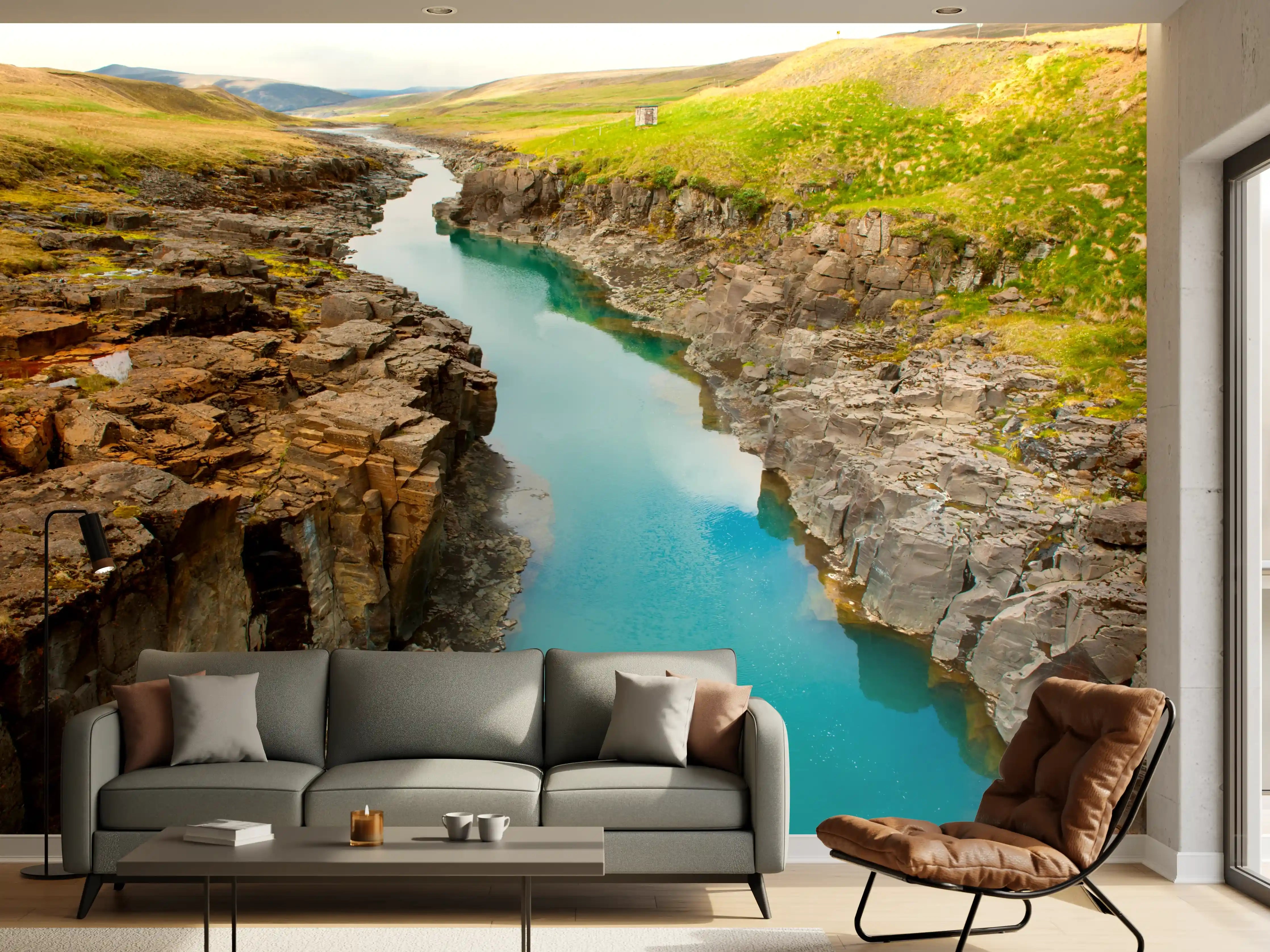 Wandverkleidung Wohnzimmer - Nordliches Flusspanorama mit Klippen