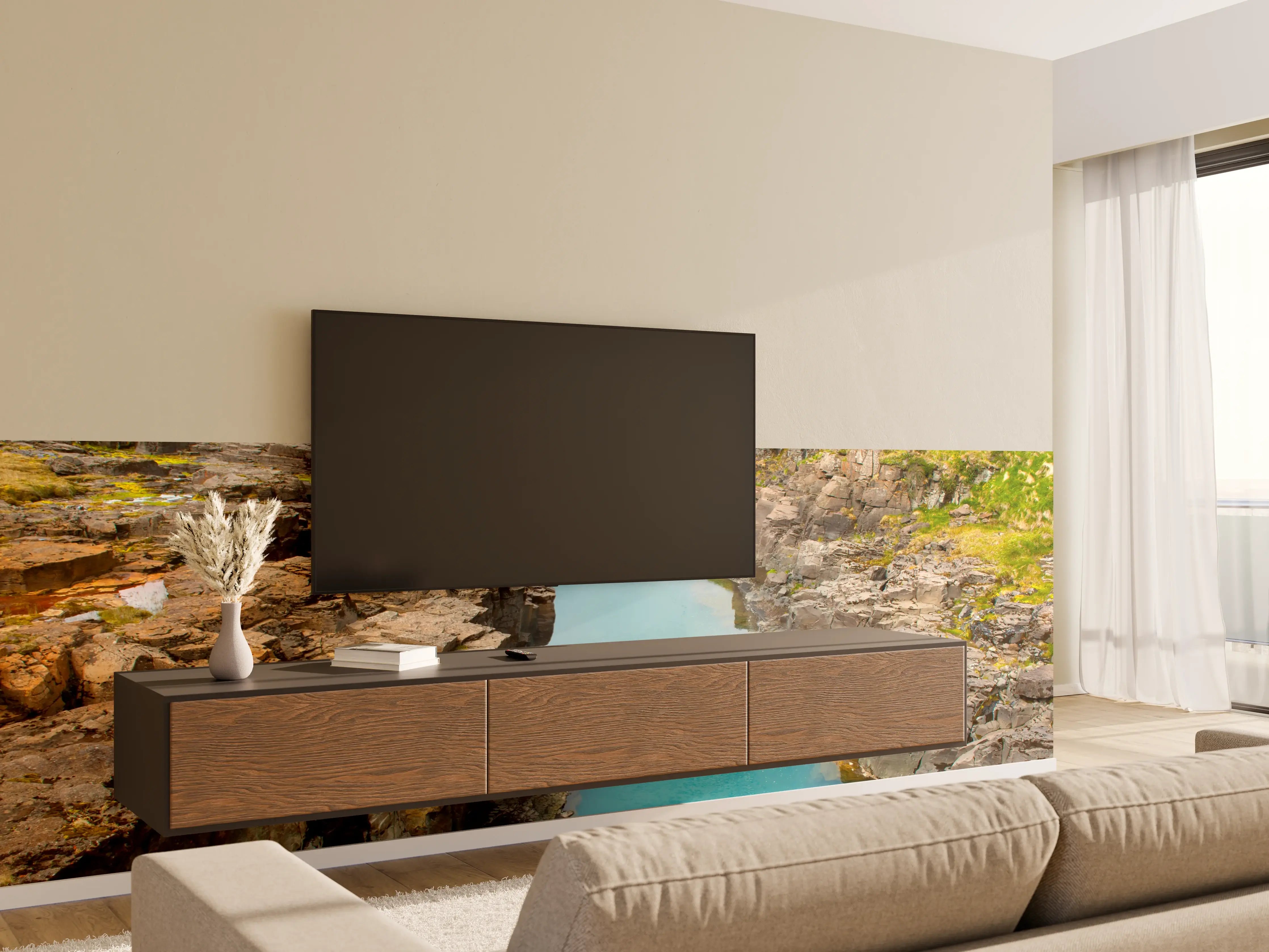 Wandverkleidung Wohnzimmer - Nordliches Flusspanorama mit Klippen