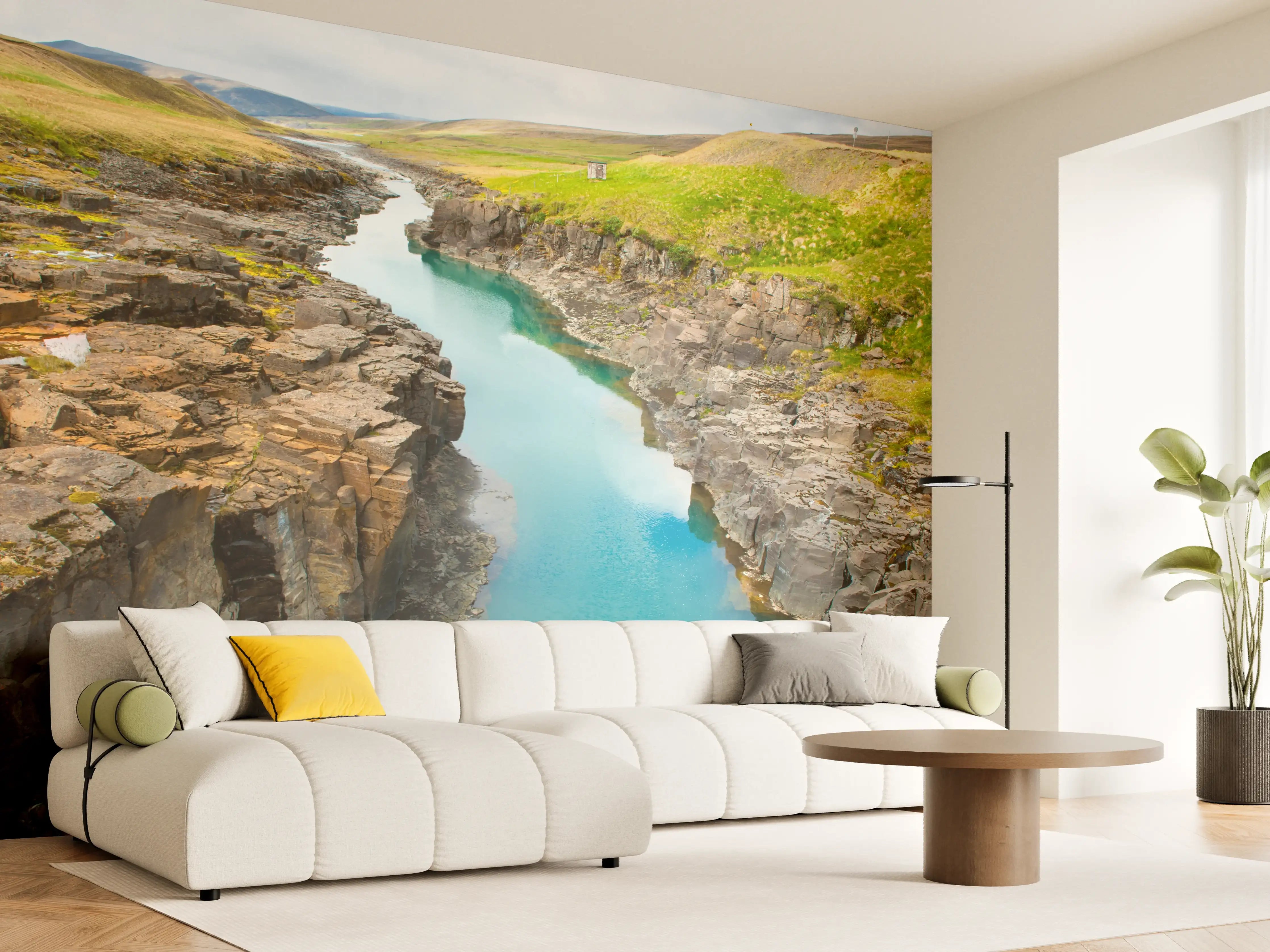 Wandverkleidung Wohnzimmer - Nordliches Flusspanorama mit Klippen