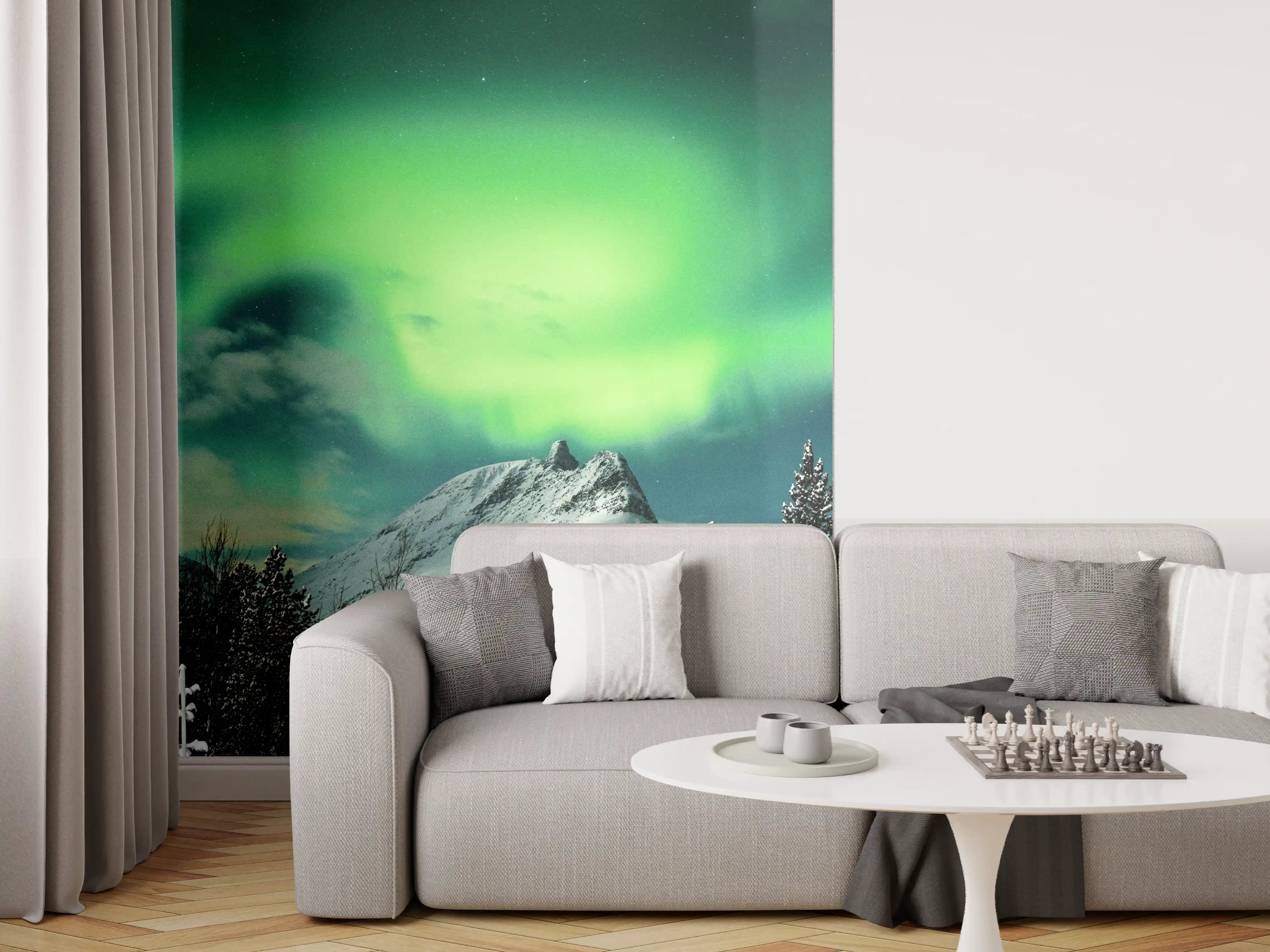 Wandverkleidung Wohnzimmer - Nordlicht über verschneitem Berg