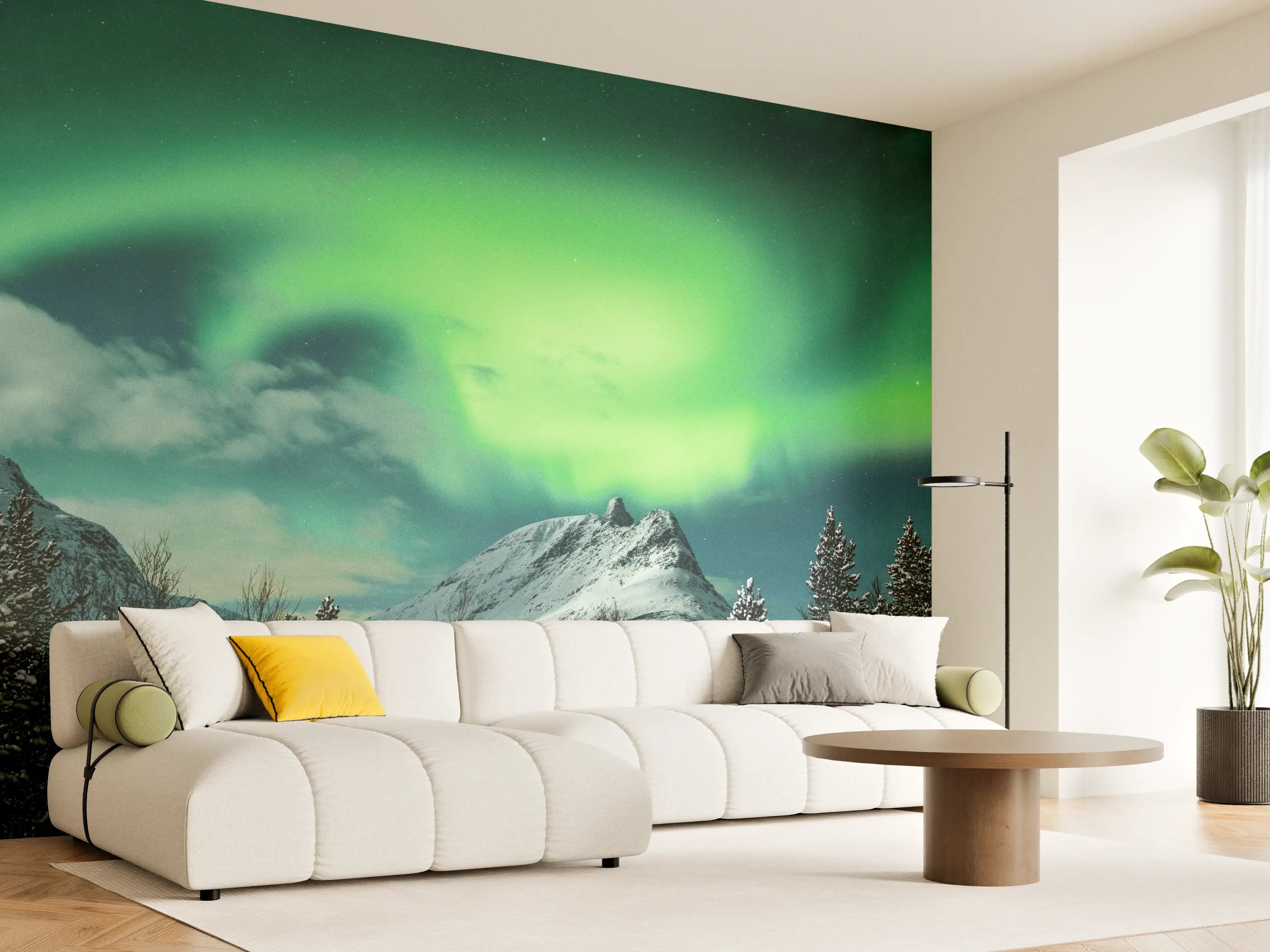 Wandverkleidung Wohnzimmer - Nordlicht über verschneitem Berg