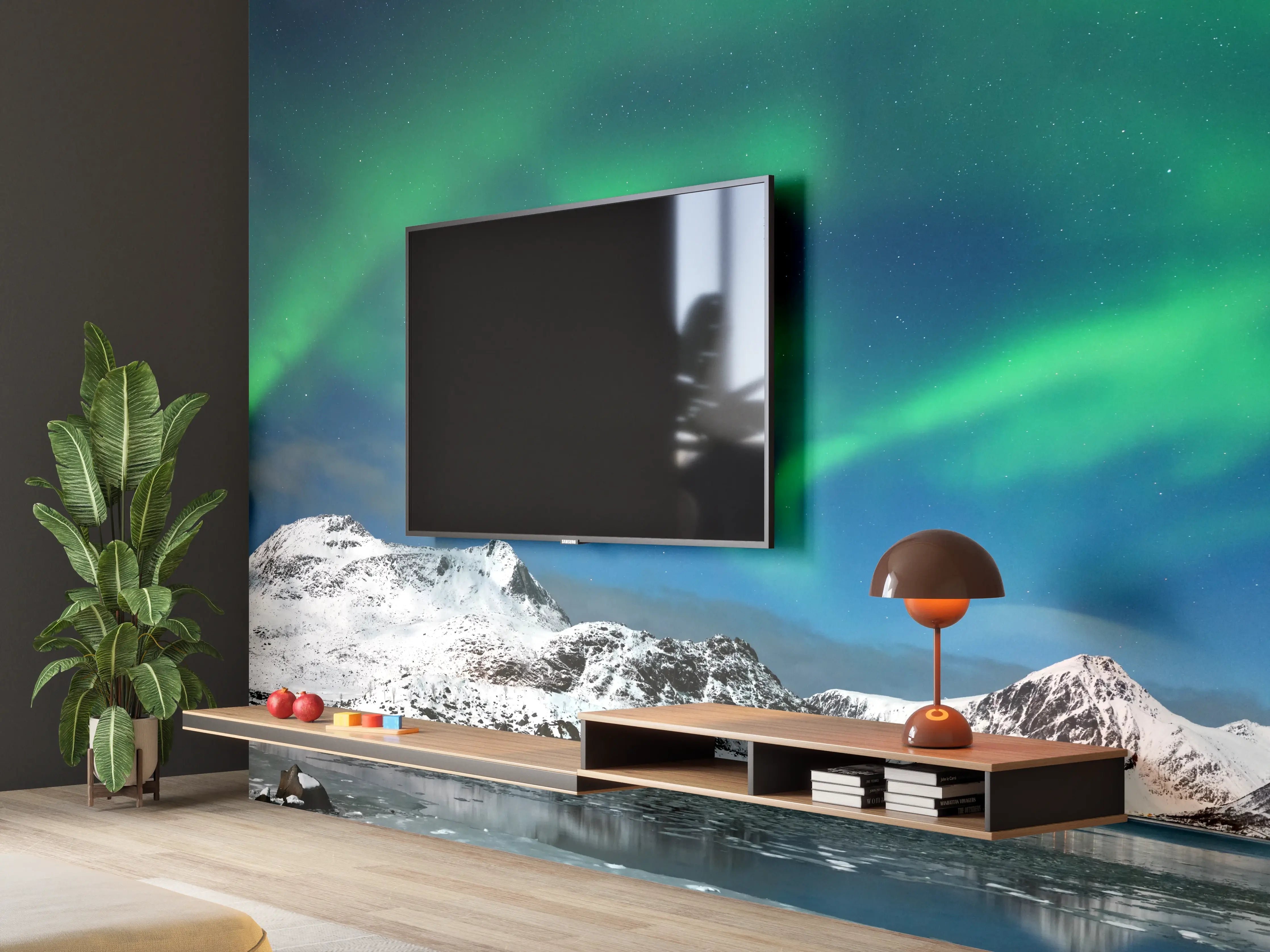 Wandverkleidung Wohnzimmer - Nordlicht über verschneitem Fjord