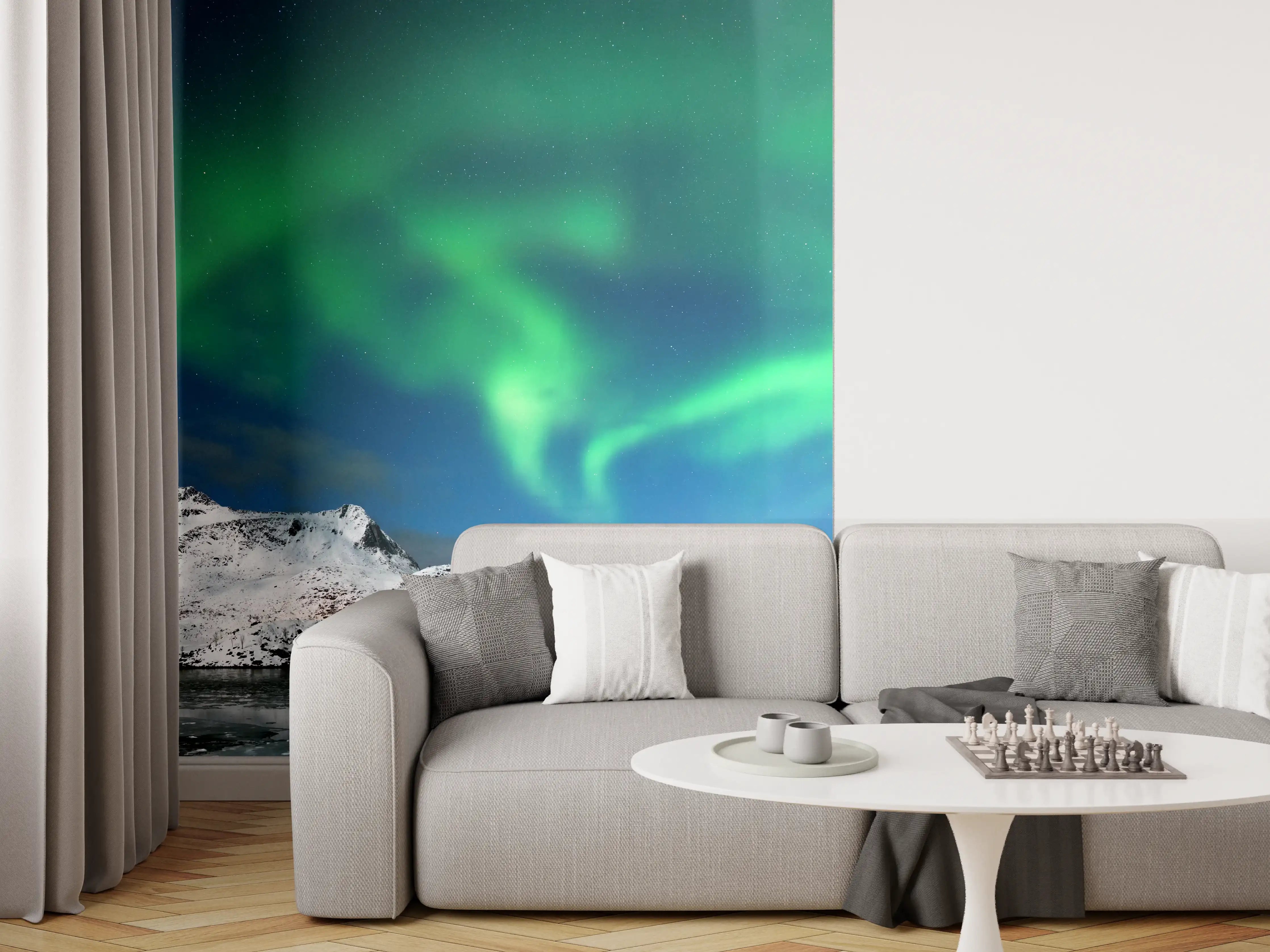 Wandverkleidung Wohnzimmer - Nordlicht über verschneitem Fjord
